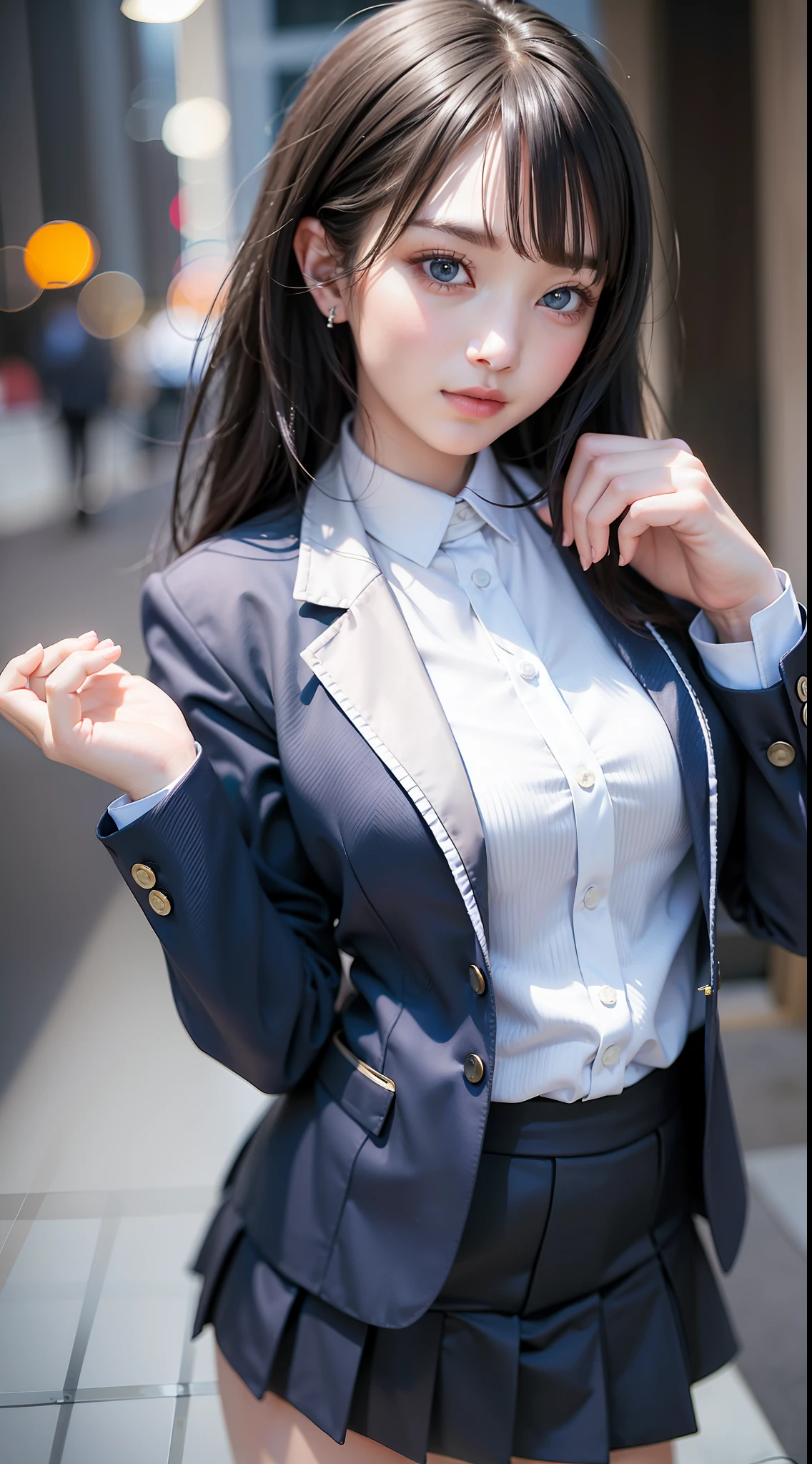 a beautiful girl with a beautiful face and blue hair, standing in front of a cityscape. She is wearing a black formal blazer and a short skirt, showcasing her medium breasts. The scene is captured in high resolution, with photo realistic details and rim lighting. The skin is highly detailed, and the image is in 8k UHD, taken with a DSLR camera. The bokeh effect adds to the beauty of the image, which is of the best quality and a true masterpiece. The girl has the best ratio of four fingers and one thumb, and she looks cute and kawaii, like an ulzzang.