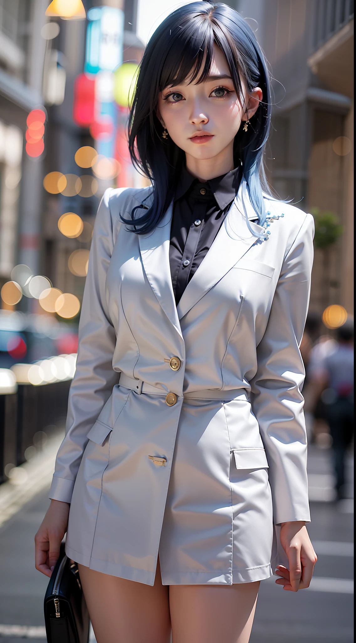 a beautiful girl with a beautiful face and blue hair, standing in front of a cityscape. She is wearing a black formal blazer and a short skirt, showcasing her medium breasts. The scene is captured in high resolution, with photo realistic details and rim lighting. The skin is highly detailed, and the image is in 8k UHD, taken with a DSLR camera. The bokeh effect adds to the beauty of the image, which is of the best quality and a true masterpiece. The girl has the best ratio of four fingers and one thumb, and she looks cute and kawaii, like an ulzzang.