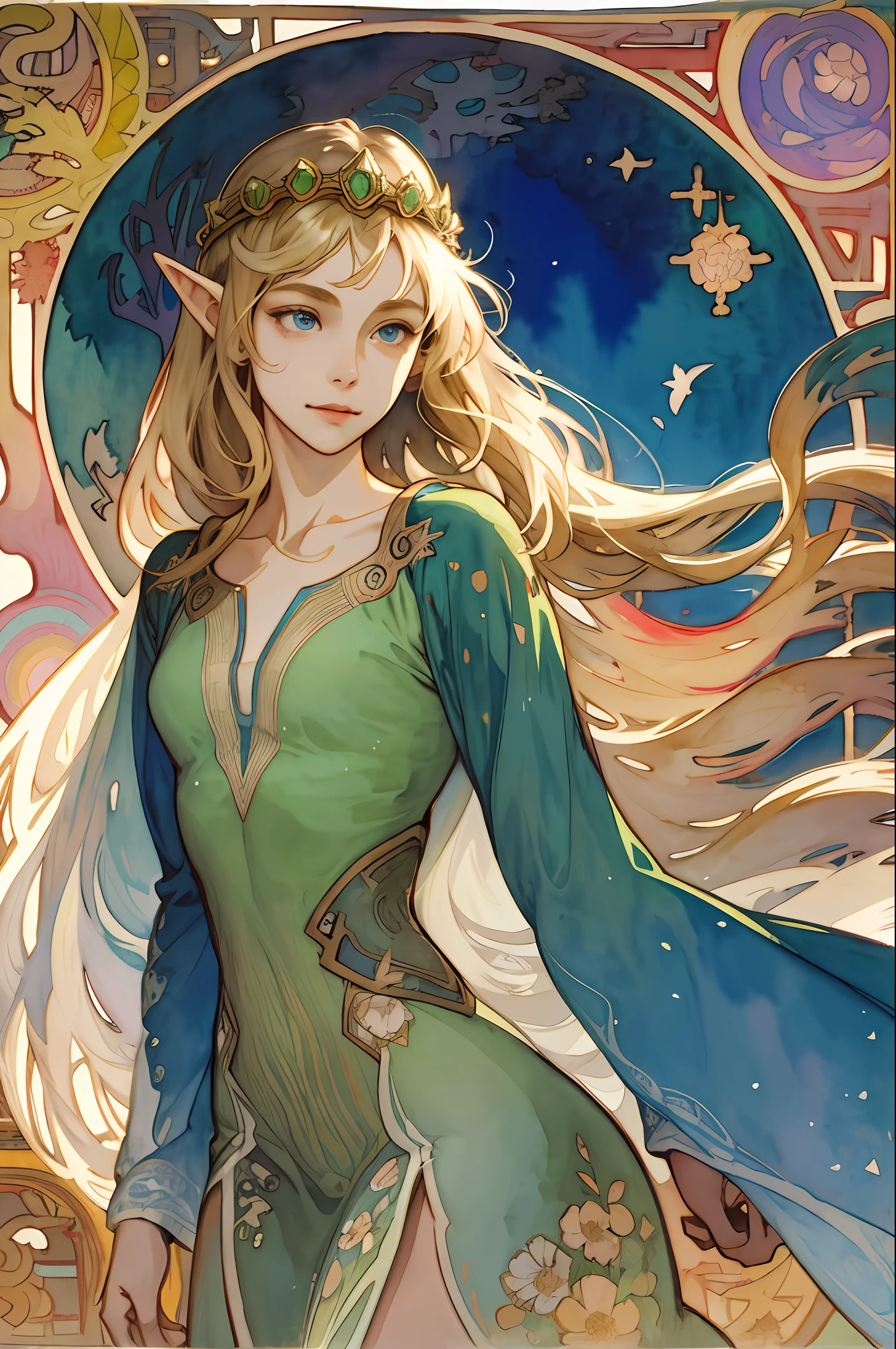 (Best Picture), (Watercolor), (Matte), (by Mucha), (by Mucha), (Thick Outline), Flowing Lines, (High Resolution, Super Detail), Elf, 1 Girl, , Skinny,Shin,(Flat Breasts), Straight Long Hair, Beautiful Golden Hair, Blue Eyes, Parted Bangs, Hair Swaying in the Wind, Simple Tiara, White Skin, Front and Upper Body, Standing, Green queen dress, collarbone, geometric pattern, (flower), front, hand down, soft air, gentle smile, wind magic