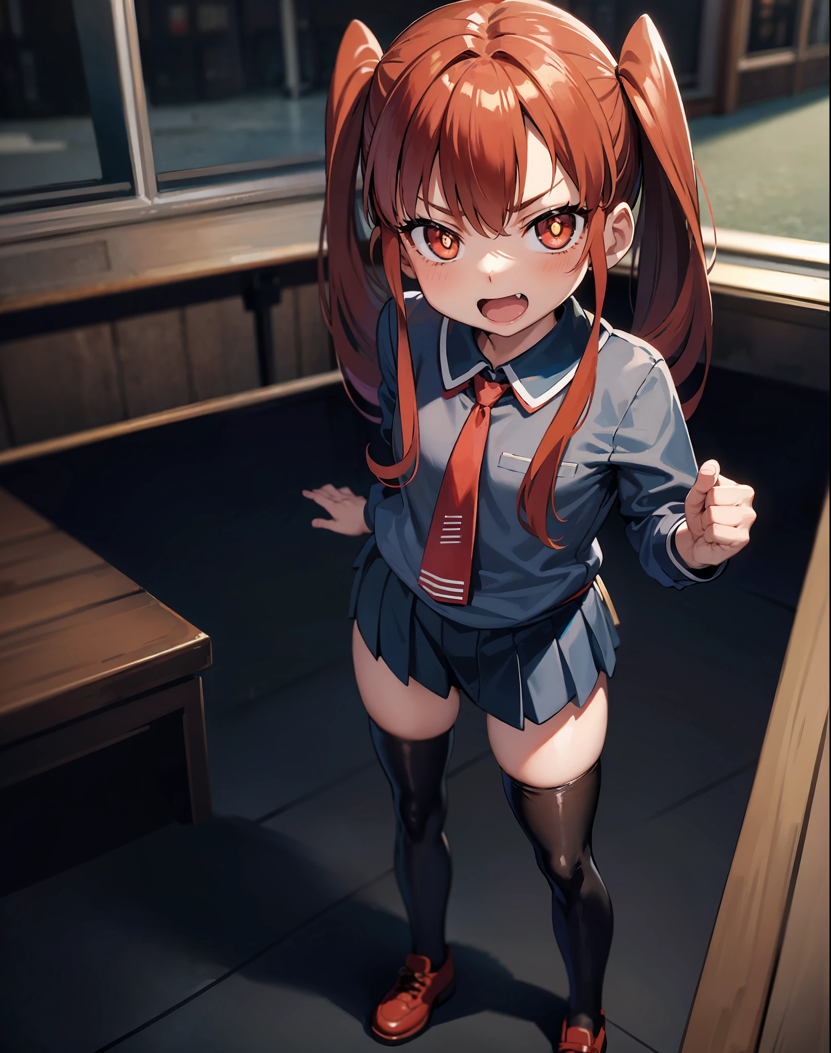 sketch,(defined line),detailed light,((cinematic lighting)),(very detailed face),(very detailed eyes),(((masterpiece))), best quality,perfect eyes, masterpiece , beautiful face, ultra detailed, highres,perfect hands:1.5,(CGI),((official wallpaper)),(realistic:1.2),(light rays),(perfect body:1.5),extremely detailed face,(HDR:1.5),Jewel-like eyes,best quality,emphasis lines:0.4,(skindentation:1.3),detailed gorgeous face, ((beautiful girl:1.5)), olive skin:1.5,(( extremely detailed, hyper detailed)),thick eyelashes,long eyelashes,looking at viewer,((:3))
(single thighhigh:1.5)
petite, petankko, (Big head),flat chest, absurdly long hair, (small girl)
ueno-san_wa_bukiyou01, 1girl, solo, long hair, looking at viewer, smile, open mouth, skirt, red eyes, hair between eyes, twintails, school uniform, standing, white shirt, pantyhose, red hair, pleated skirt, necktie, shoes, serafuku, fang, orange hair, blue skirt, orange eyes, black pantyhose,crossed arms, red necktie, classroom, indoors,dynamic pose,