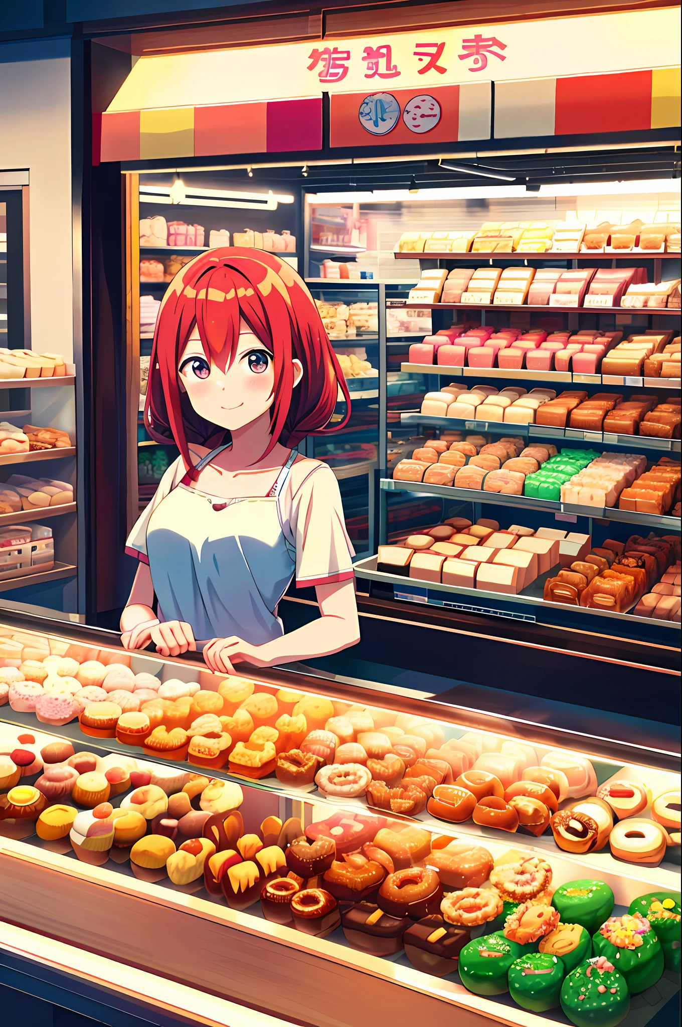 there is a woman standing behind a display of donuts in a bakery, an anime drawing by Yuumei, pixiv, hyperrealism, anime food, hanayamata, realistic anime 3 d style, anime girl in real life, loli, kawaii realistic portrait, cute bakery shop, rin, realistic anime art style, fantasy bakery, ❤🔥🍄🌪