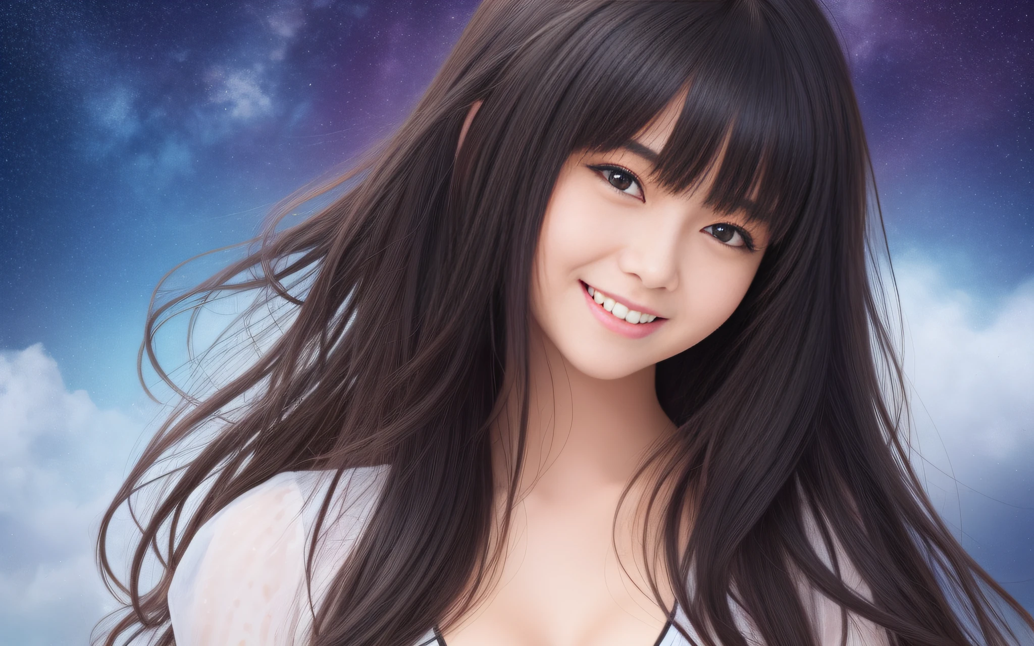 ((Top Quality, 8k, Masterpiece: 1.3)), 1 Girl, (Slender Beautiful Girl: 3.3), (Long and Black Hairstyle, Huge Breasts: 3.2), White Bikini Bursting with Big Breasts, (Wet White Bikini: 3.2), Ultra Detailed Face, Detailed Eyes, Double Eyelids, Sexy See-Through Swimsuit, See-Through Bikini, Masterpiece, Best Quality, Fine-Grained, High Resolution, Spirit Color, One Girl, ( 18 years old pretty girl;1.5), wet light fabric swimsuit, (super big: 3.9), face up, (from top of head to chest: 1.9), (wet sheer white micro bikini : 2.5) solo, (big breasts: 3.9), very cute lips, cleavage, bangs, black hair soaring in strong wind, long hair with 5 mails, laughing face, moon surface, (galaxy in background : 1.5), smile, black eyes, teeth, face closeup, Waiting to start