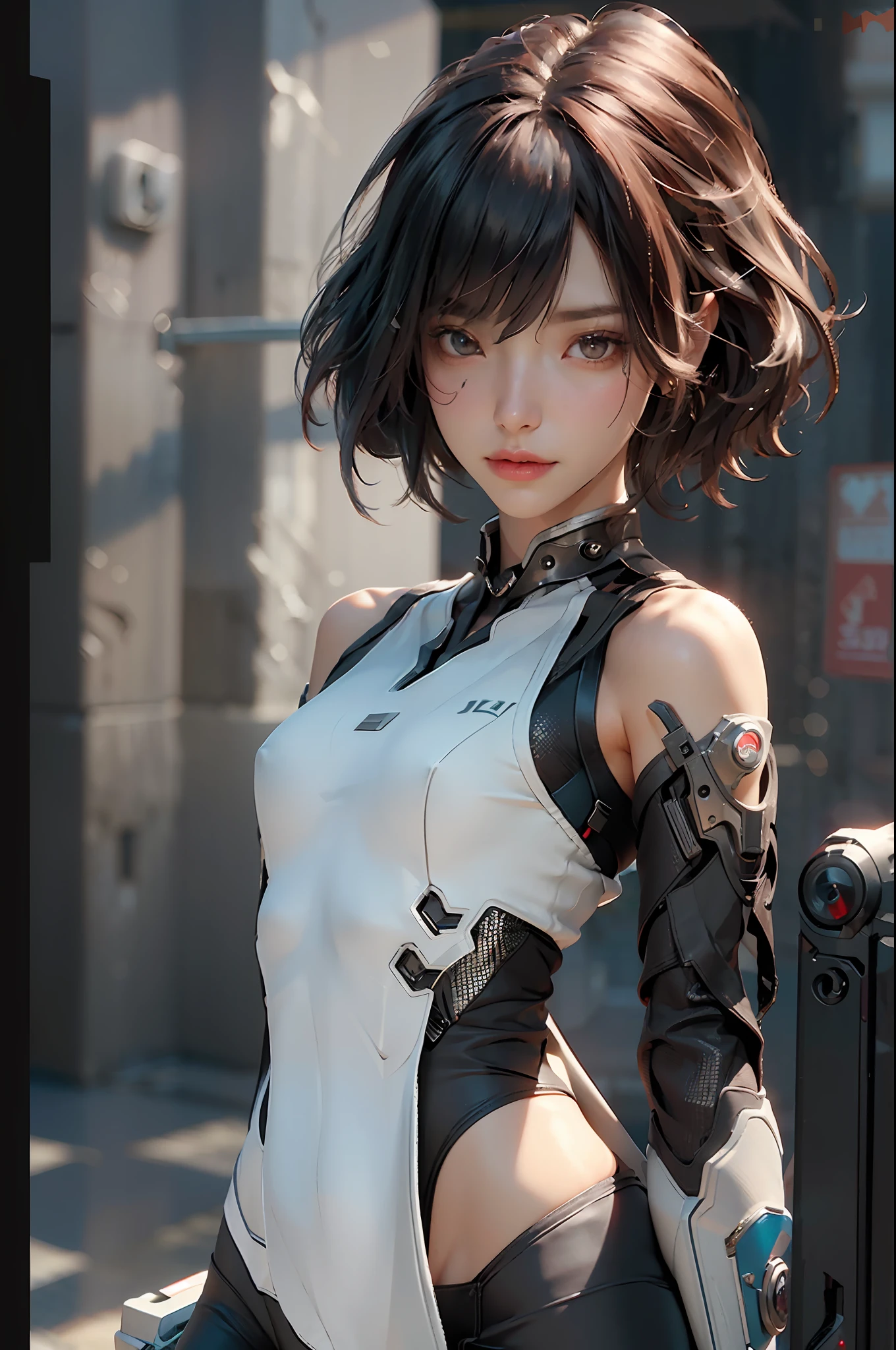 ((Best Quality)), ((Masterpiece)), (Details: 1.4), 3D, Cyberpunk Style, ((Square)), Perfect Face, ((Face Close-up)), Perfect Fingers, Perfect Body, A Beautiful Cyberpunk Female Image Facing Up, (Standing), Action Pose, (Small Breast: 1.3), Short Hair, (Tight Clothing), (Firearms), Mechanical Battlefield, HDR (High Dynamic Range), Ray Tracing, NVIDIA RTX, Super-Resolution, Unreal 5, Subsurface Scattering, PBR Textures, Post-processing, Anisotropic Filtering, Depth of Field, Maximum Sharpness and Sharpness, Multi-layer Textures, Albedo and Highlight Mapping, Surface Shading, Accurate Simulation of Light-Material Interactions, Perfect Proportions, Octane Render, Bi-color Light, Large Aperture, Low ISO, White Balance, Rule of Thirds, 8K RAW,