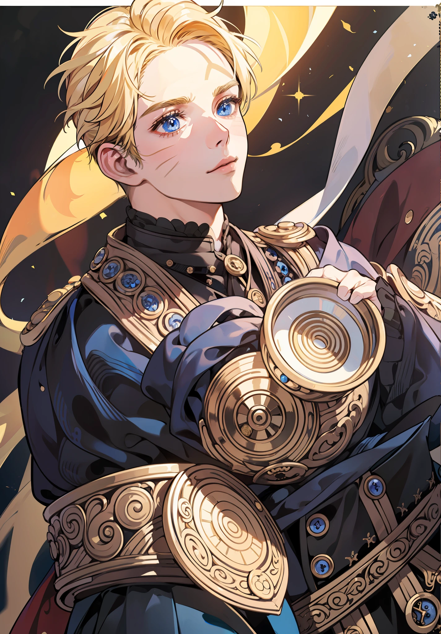Prince, blue eyes, blonde hair, black outfit, young, mature, masculine man, gold earring, quality, highly detailed, tan skin, solo, blue eyes, naruto with victorian attire, ((((victorian boy attire)))), 1 boy, solo, uzumaki naruto, whiskermark,