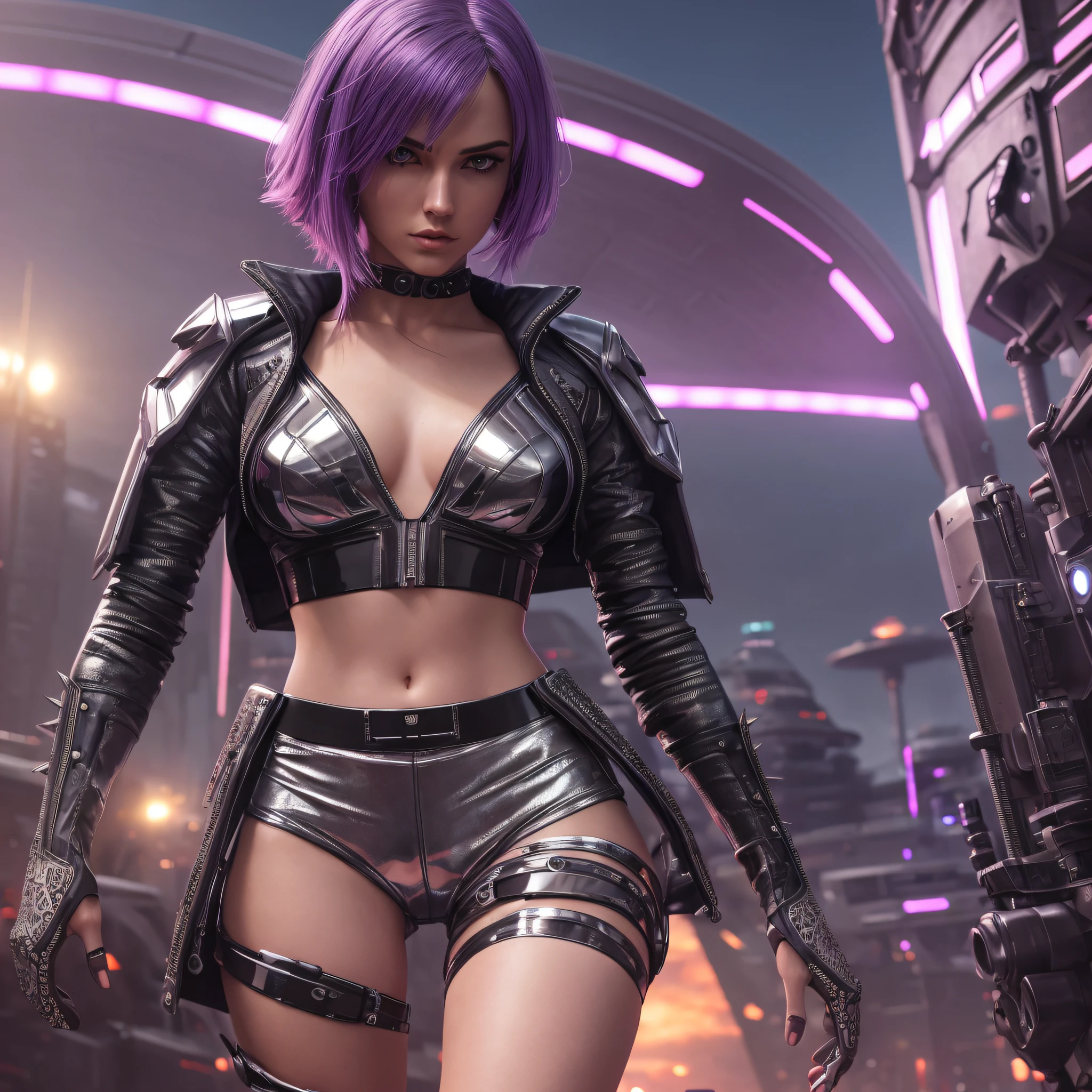 full length slim sexy european woman with small breasts and wearing tight clear silver pvc crop top and silver shorts, cyberpunk boots, with short spiky dark purple hair, ufo, red sky alien mountain science fiction background, AW photo, intricate, highly detailed, sharp focus, ((((cinematic look)))), masterpiece, intricate details, hyperdetailed, soft cinematic light, dim colors, exposure blend, photorealistic, accurate face, accurate body, accurate hands, well defined hands, best quality, ultra-detailed, neon, gothic