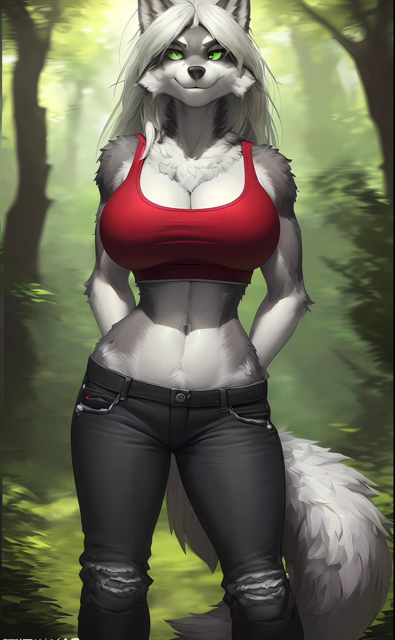 [Uploaded to e621.net; (Foxovh), (Pixelsketcher), (mayosplash], ((masterpiece)), ((solo portrait)), ((furry; antrho wolf girl)), ((detailed fur)), ((raytracing)), ((detailed shading)), ((beautiful render art)), {anthro wolf; (grey fur, white belly), (clear green eyes; black pupils), long white messy hair, seductive gaze; (bedroom eyes, smug smirk), large boobs, red crop top, black denim jeans, athletic body}, ((standing; arms behind back, head tilted sideways), attractive pose), [background; park, (outside cloudy)]