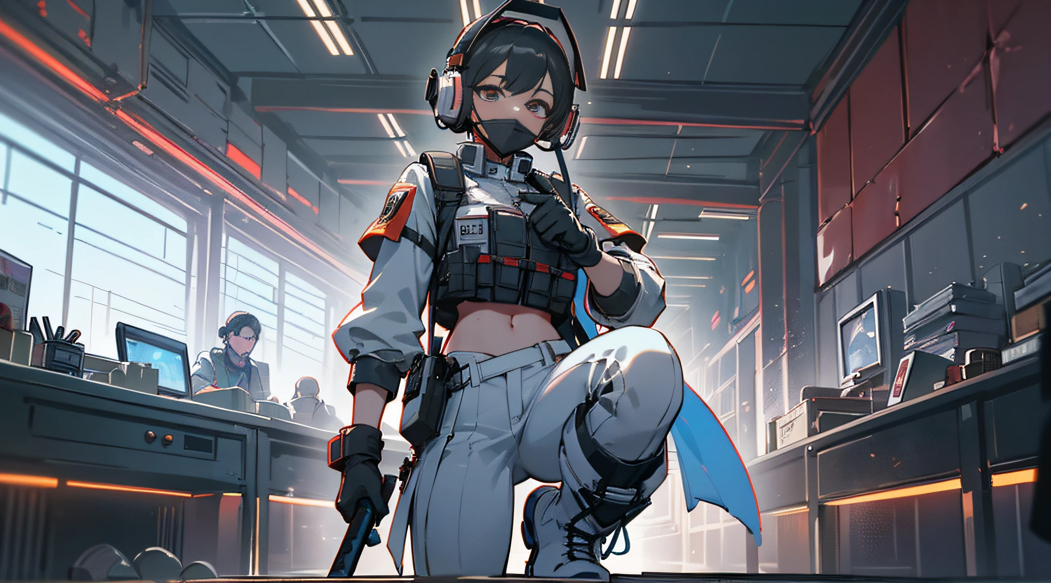 (Mass Robbery: 1.2, Brutality: 1.1, Loss of Property and Life, 2Girls, Bulletproof Vest: 1.2, Light: 1.1, (High Quality), ((Masterpiece)), 8K, Game CG: 1.05, Extremely Detailed CG Unity 8k Wallpaper: 1.2, Looking at the Audience, Gloves, Boots, Full Body, Watch: 0.9, Computer, Mask, Drone, Handheld Weapon, Headphones: 0.9)