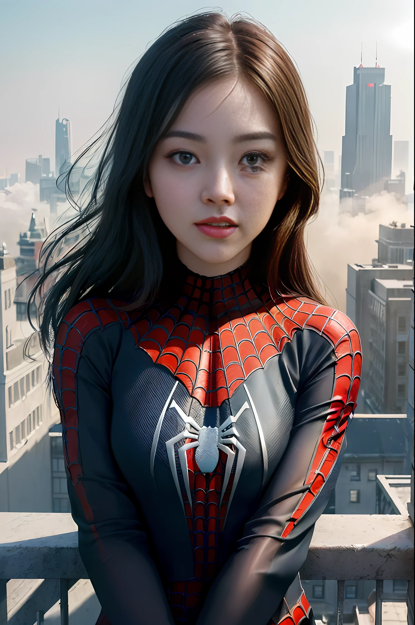 (1girl:1.3), Chinese girl, solo, (((very detailed face)))), ((very detailed eyes and face))), beautiful detail eyes, body parts__, official art, unified 8k wallpaper, super detailed, beautiful and beautiful, beautiful, masterpiece, best quality, original, masterpiece, super fine photo, best quality, super high resolution, realistic realism, sunlight, full body portrait, amazing beauty, dynamic pose, delicate face, vibrant eyes, (from the front), she is wearing a Spider-Man suit, red and black color scheme, spider, very detailed city roof background, rooftop, overlooking the city, detailed face, detailed complex busy background, messy, gorgeous, milky white, highly detailed skin, realistic skin details, visible pores, clear focus, volumetric fog, 8k uhd, DSLR, high quality, film grain, fair skin, photo realism, lomography, futuristic dystopian giant metropolis, translucent