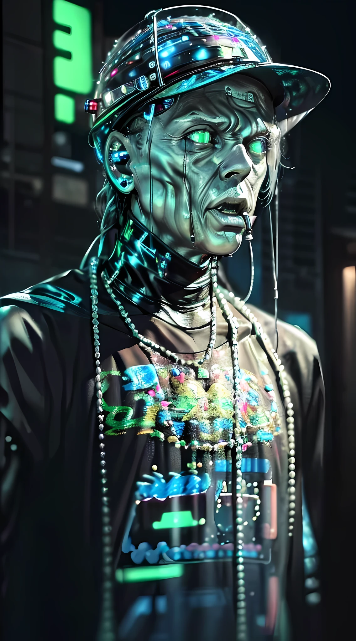((Masterpiece), (Best Quality), Ultra High Resolution, (Realistic:1.4), Extraordinary Detail, Cyber Neon Light, High Resolution, 8K,1 Clear Zombie Boy,,Clear Hat,Cyberpunk,Mecha Zombie,