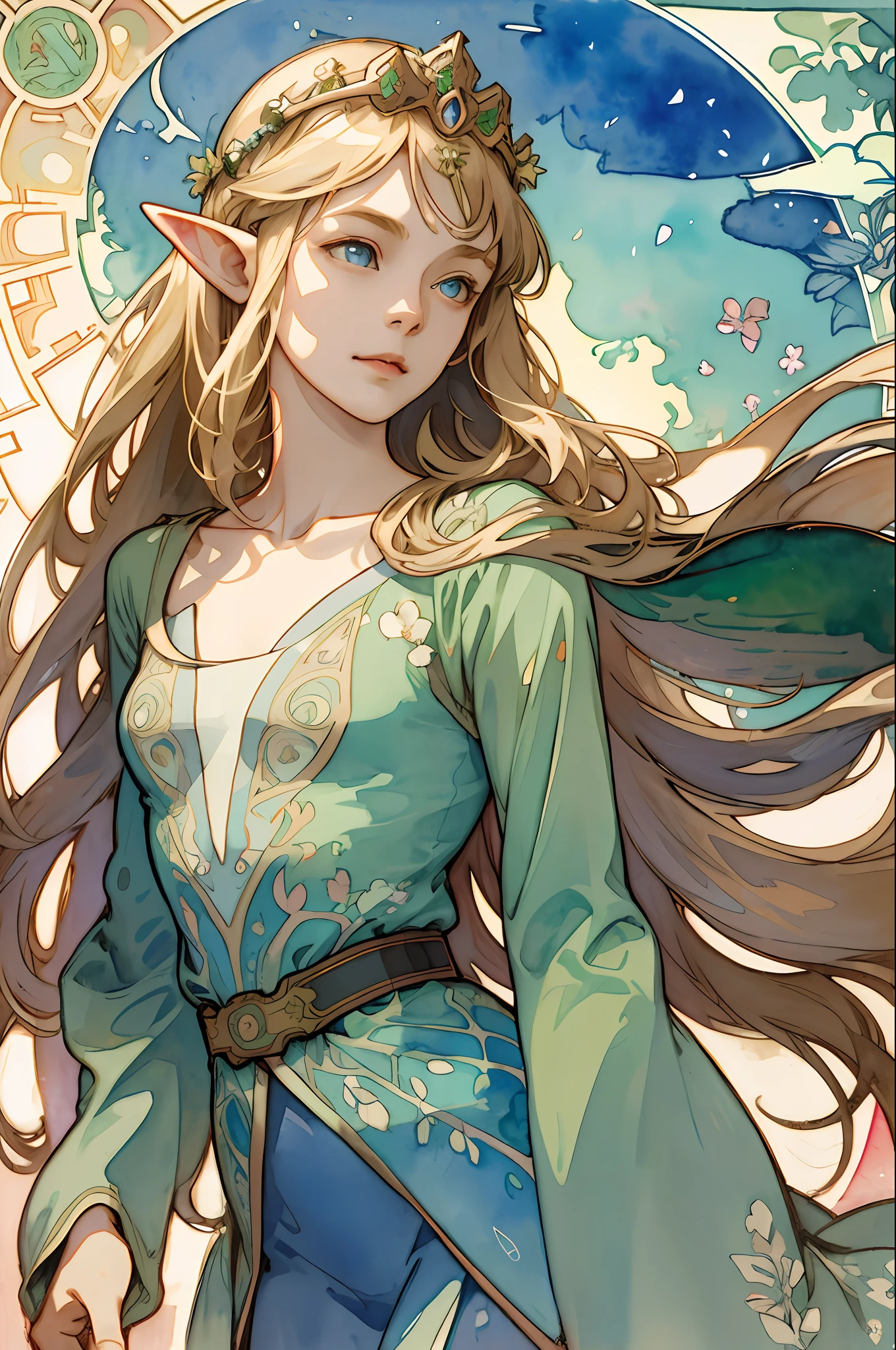 (Best Picture), (Watercolor), (Matte), (by Mucha), (by Mucha), (Thick Outline), Flowing Lines, (High Resolution, Super Detail), Elf, 1 girl, 16 years old, Skinny,Shin,(Flat Breasts), Straight Long Hair, Beautiful Golden Hair, Blue Eyes, Parted Bangs, Hair swaying in the wind, Simple Tiara, White Skin, Front and Upper Body, Standing, Green queen dress, collarbone, geometric pattern, (small flowers)), front, hand down, soft air, gentle smile, wind magic