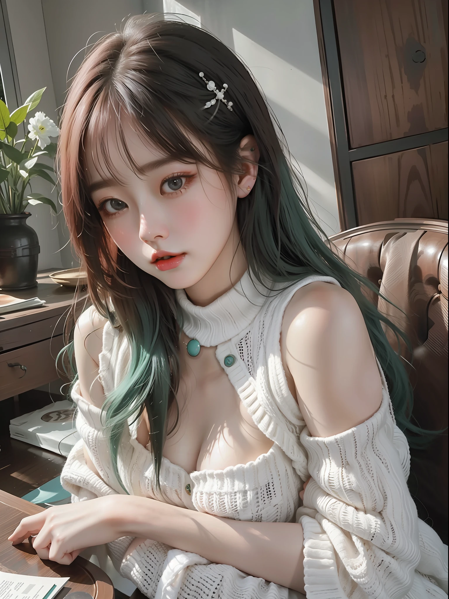 Fantasy. Irene Bae JooHyun, sitting, bare shoulders, detailed (((loose))) white sweater. large breasts, half body portrait, ((looking at away)), stunningly beautiful, mint hair, blush, humble, bangs, table, home, hands. highly detailed. Cinematic lighting, (nsfw:1.27)