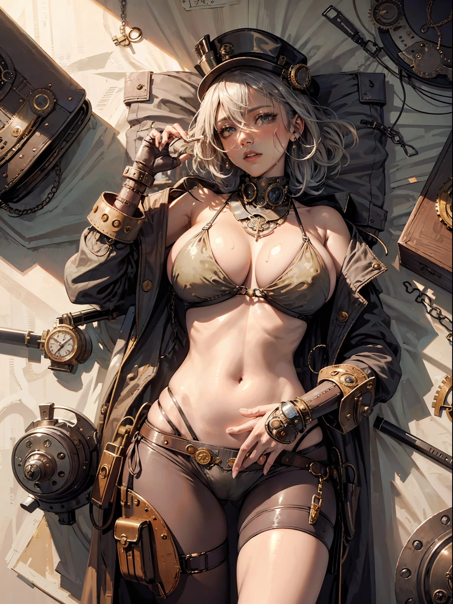 (((steampunk clothes))),Bedroom, lying down, silver hair, solo, navel, gal, open clothes, see through bikini, micro bikini, blush, angry face, protruding areola,( dark skin:1.1), huge breasts, POV ,wet cleavage, (thick thighs), 4k hd, ultra realistic, perfect body, perfect lips, perfect nose, perfect eyes, nice deatiled belly, see through clothing, spread legs, looking at the viwer.