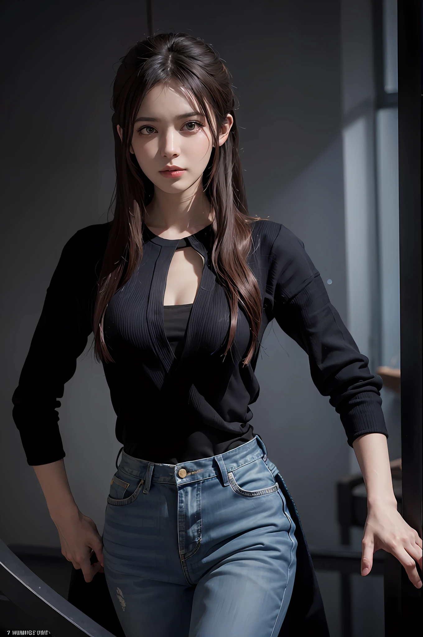 (Female Portrait), (Surrealism + Fantasy Art), (Realistic Aesthetics), "David Hockney and Alphonse Mucha" Creative Style, (Dynamic Lighting + Volume Lighting), (Unique Atmosphere + Award-Winning Fresh Meat Works), 1girl, (Understated Elegance + Officialdom: 1.4), Long Hair, Gray Hair, (Side + In the Dark: 1.6), Denim Lens, Ultra HD 4K Quality.