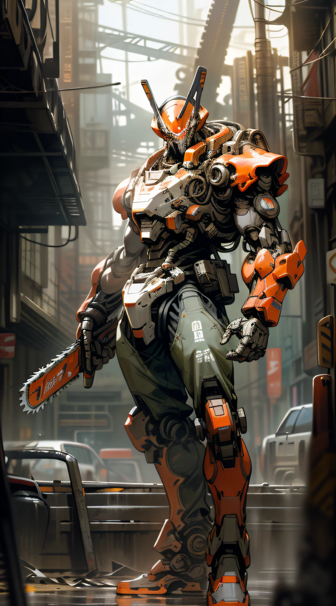 On the moon, barren planet, ruins, holding weapons, no humans, glowing, robot, building, glowing eyes, orange mech, science fiction, city, reality, mecha, galaxy background, full body, neon, cyber Punk, 8K wallpapers, ultra-detailed artwork, cinematic lighting, realistic photos, Dark_Fantasy, Cyberpunk, (chain saw, chain saw man, Red: 1.1), 1man, Mechanical marvel, Robotic presence, Cybernetic guardian, wearing a worn-out machine armor suit, intricate, (steel metal [rust]), elegant, sharp focus, photographed by greg rutkowski, soft lighting, vibrant colors, masterpiece, ((street)), cowboy shot, dynamic pose,