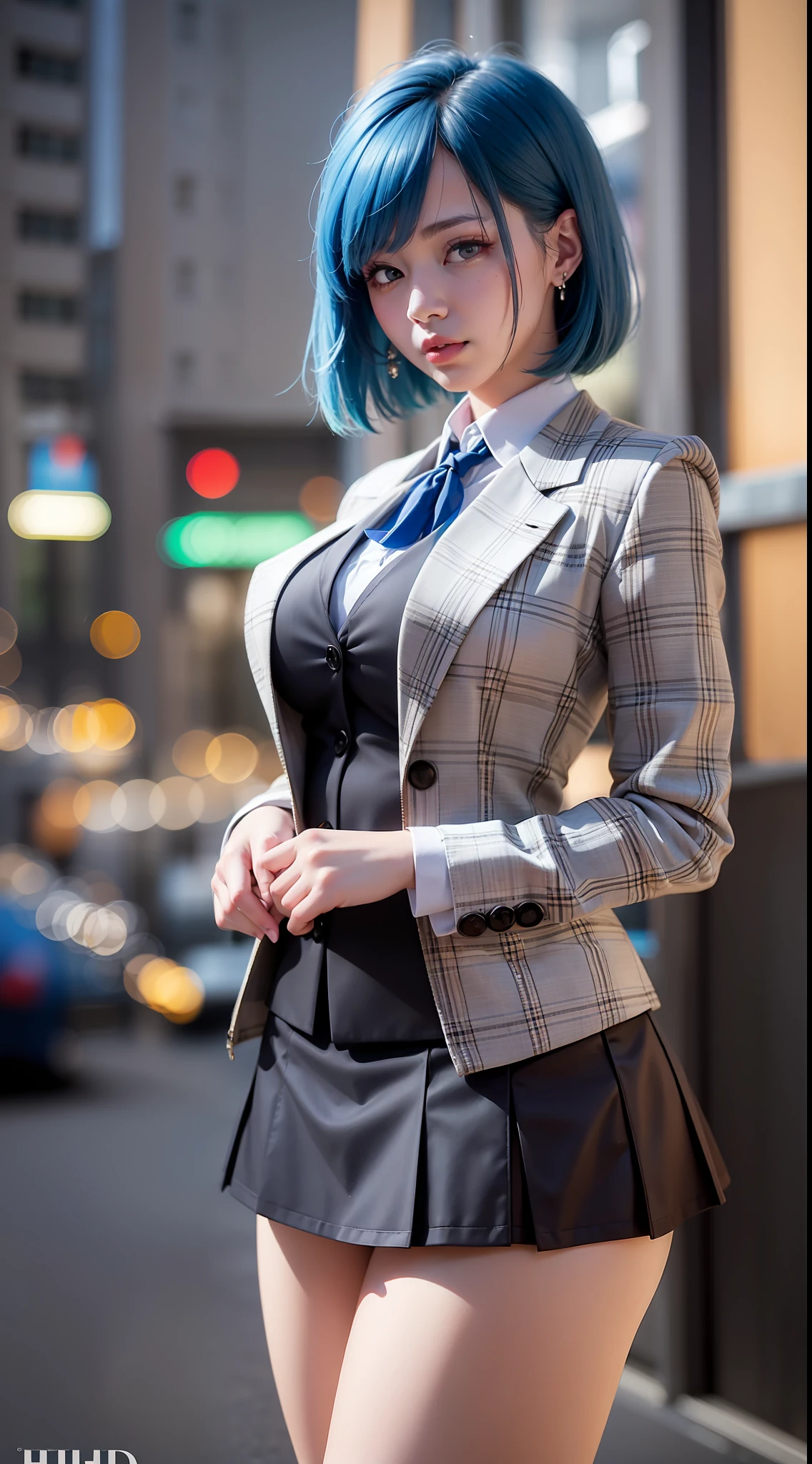 a beautiful girl with a beautiful face and blue hair, standing in front of a cityscape. She is wearing a black formal blazer and a short skirt, showcasing her medium breasts. The scene is captured in high resolution, with photo realistic details and rim lighting. The skin is highly detailed, and the image is in 8k UHD, taken with a DSLR camera. The bokeh effect adds to the beauty of the image, which is of the best quality and a true masterpiece. The girl has the best ratio of four fingers and one thumb, and she looks cute and kawaii, like an ulzzang.