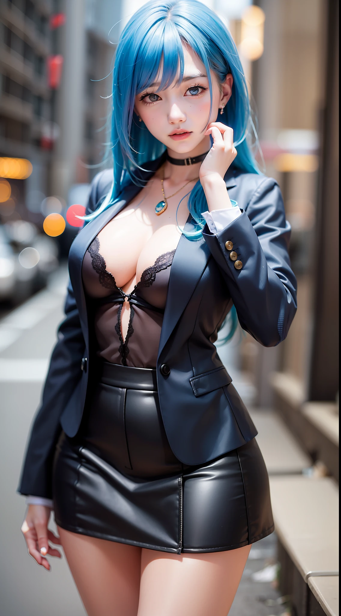 a beautiful girl with a beautiful face and blue hair, standing in front of a cityscape. She is wearing a black formal blazer and a short skirt, showcasing her medium breasts. The scene is captured in high resolution, with photo realistic details and rim lighting. The skin is highly detailed, and the image is in 8k UHD, taken with a DSLR camera. The bokeh effect adds to the beauty of the image, which is of the best quality and a true masterpiece. The girl has the best ratio of four fingers and one thumb, and she looks cute and kawaii, like an ulzzang.