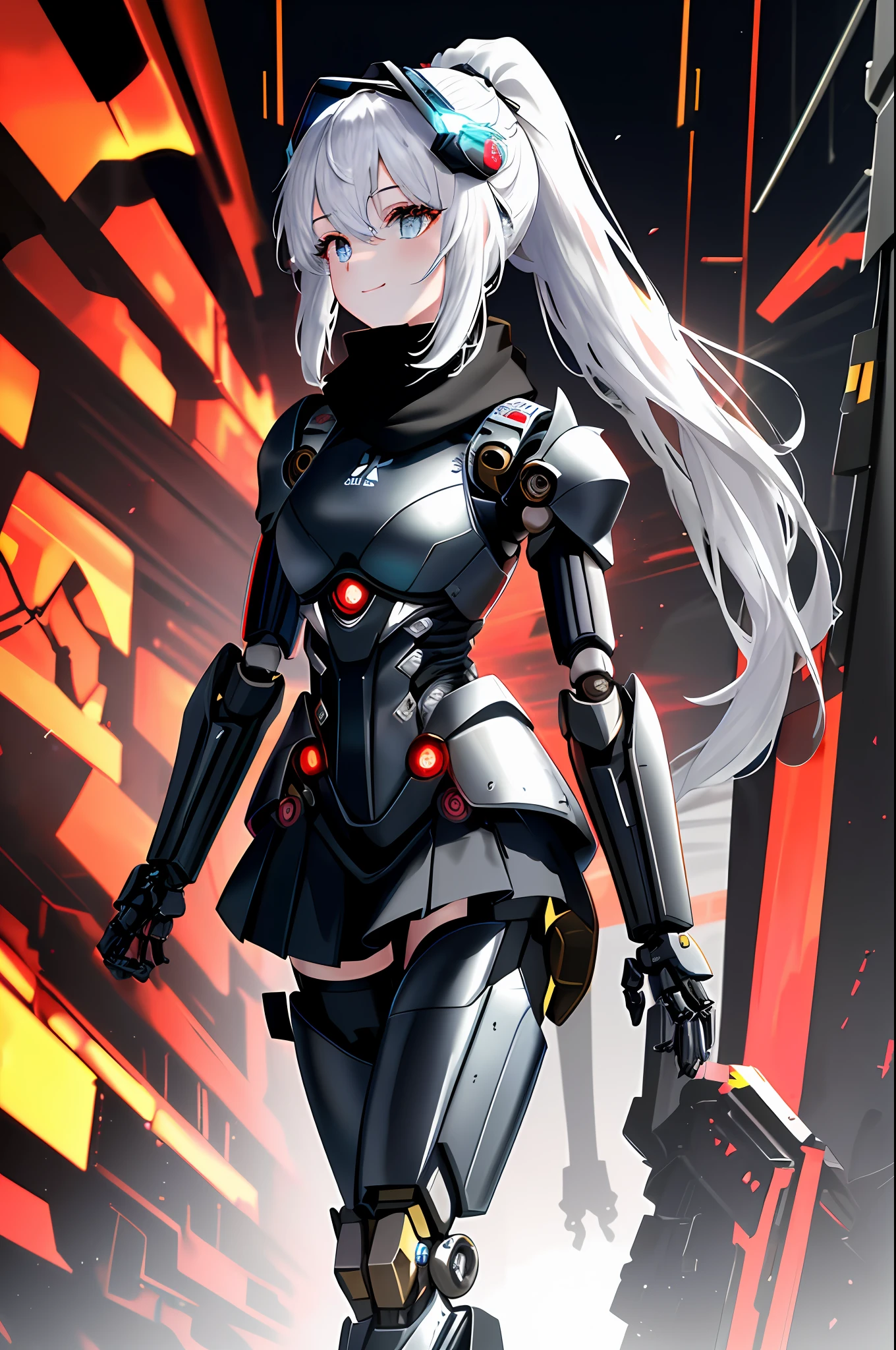 Absurd, very accurate details, highly detailed 8K wallpaper, (transcendent beautiful girl: 1.5), ponytail, exoskeleton armor, bodysuit, rest, gentle smile, (mechanical joints, mechanical limbs: 1.3), headgear, rest, break, dynamic angle, (look back: 1.5), scarf, miniskirt, cyberpunk, devastated world,
