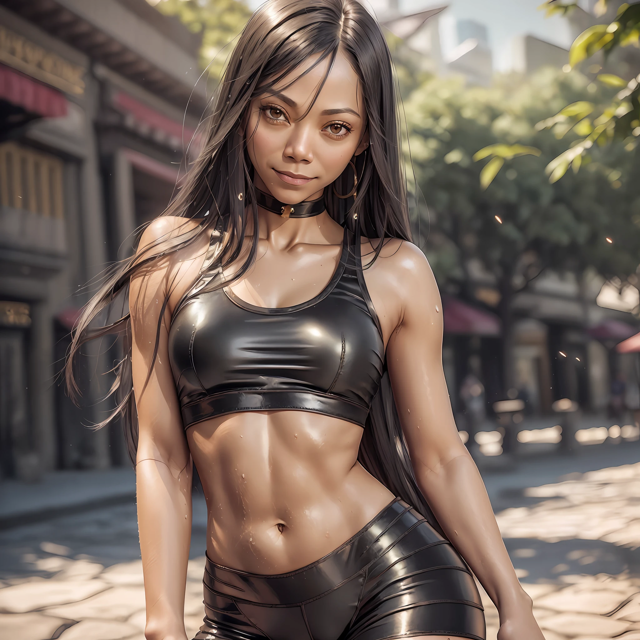 ((Zoe Saldana)), (solo), (a detailed full-body RAW photo of a girl), (masterpiece: 1), (best quality: 1.4), (ultra high resolution: 1.2), (photorealistic: 1.4), 8k resolution, Canon EOS R5, 50mm, absurd, ultra detailed, sharp focus, cinematic lighting, detailed beautiful face, (makeup: 1.2), (ulzzang-6500-v1.1), detailed skin texture, pale skin, round chest, (slim and fit body: 1.3), thigh gap, (black straight long hair:1.5), smiling, (small pink sports bra, tight short sports leggings: 1.4), (simple simple sports outfit), realistically glittering skin, (cameltoe: 1.5), (sweat: 1.5), slim waist, (seductive smile), solo, in the park, soft facial features --auto --s2
