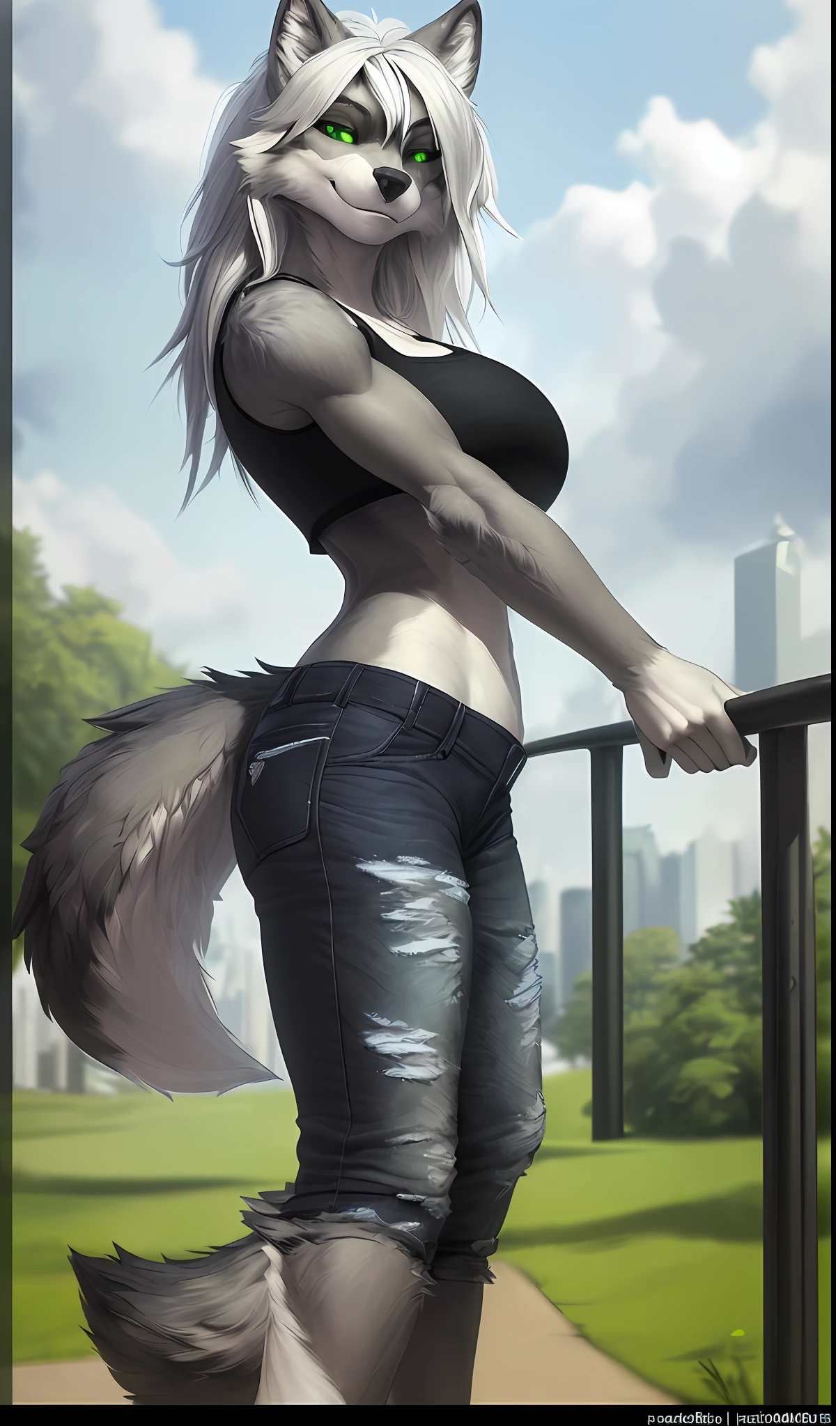 [Uploaded to e621.net; (Foxovh), (Pixelsketcher), (mayosplash], ((masterpiece)), ((solo portrait)), ((side view)), ((furry; antrho wolf girl)), ((detailed fur)), ((raytracing)), ((detailed shading)), ((beautiful render art)), {anthro wolf; (grey fur, white belly), (beautiful green eyes; black pupils), long white messy hair, seductive gaze; (bedroom eyes, smug smirk), large boobs, red crop top, black denim jeans, athletic body}, (standing, attractive pose), [background; park, (outside cloudy)]