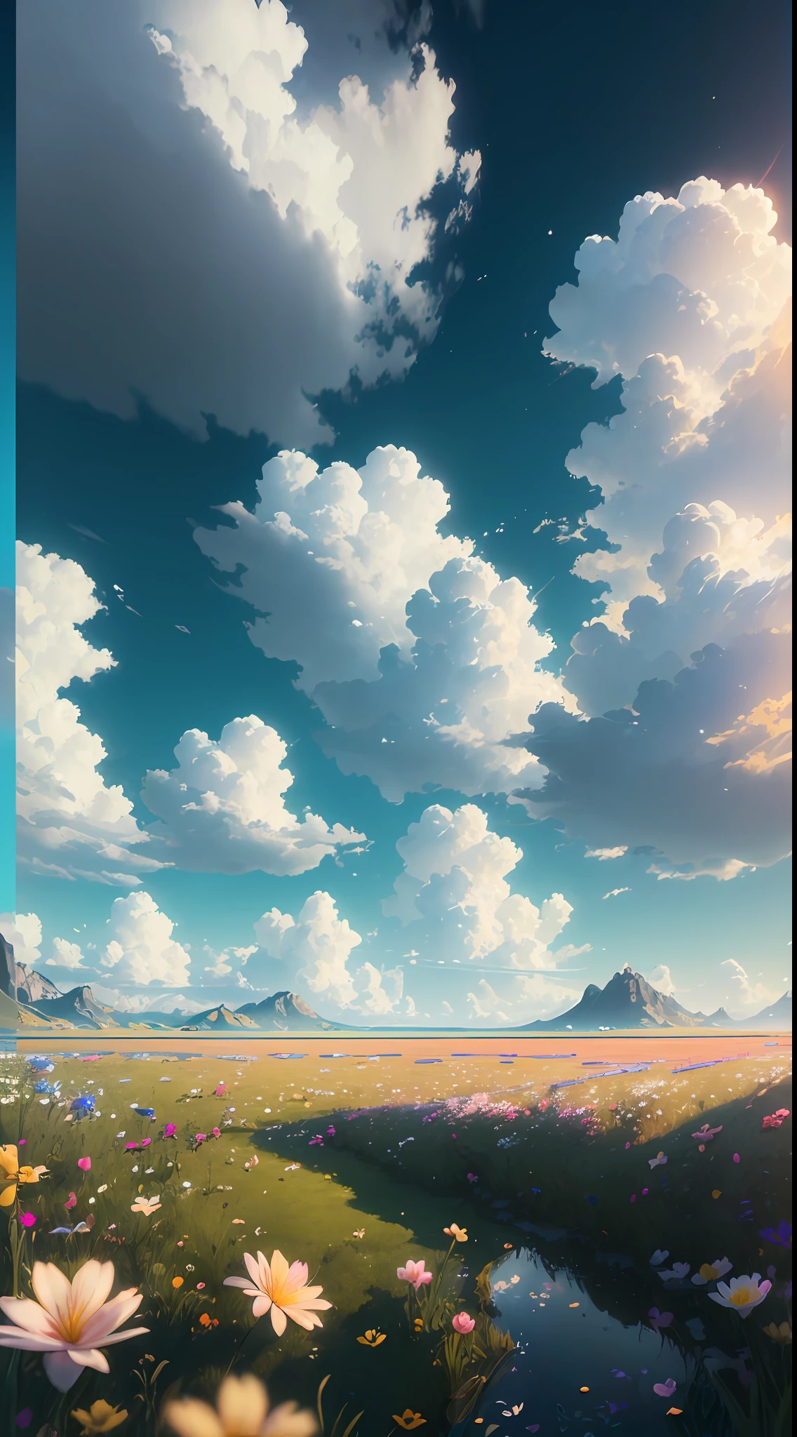 (extremely detailed CG unity 8k wallpaper, masterpiece, best quality, ultra-detailed), luminosity +1.5, floating, high saturation, a serene, idyllic grassland, featuring multicolored petals and foliage, a clear, blue sky, and white, fluffy clouds.