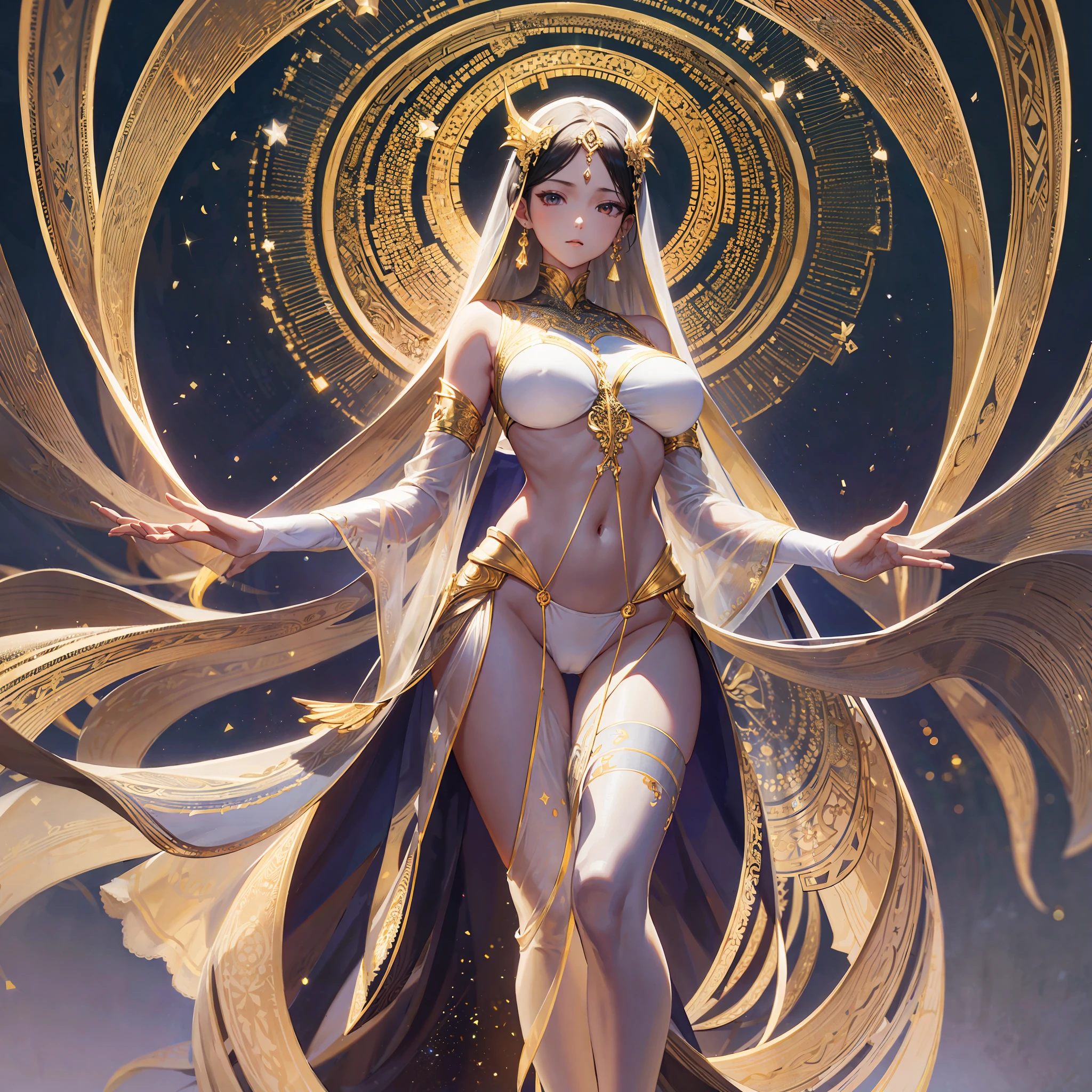 Masterpiece, a beautiful void goddess, gorgeous clothes on gold pattern, full body white transparent bikini standing under empty night stars, disappeared transparent pants, full body standing, tall figure, slender legs, facial details, detailed body part details, 8k wallpaper