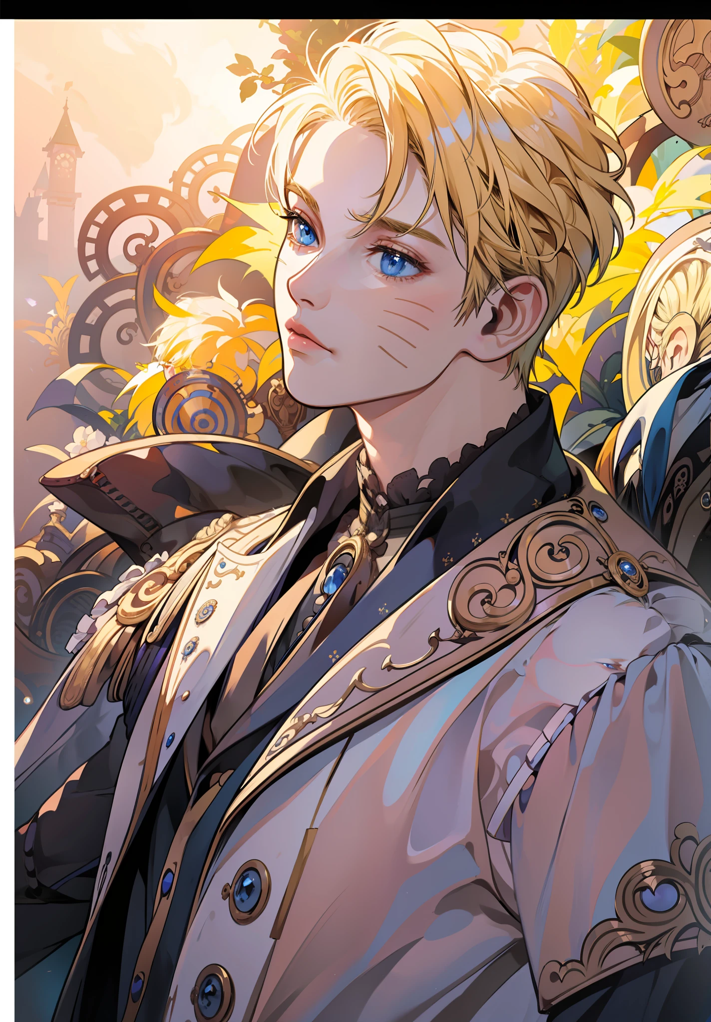 Prince, blue eyes, blonde hair, black outfit, young, mature, masculine man, gold earring, quality, tan skin, solo, blue eyes, naruto with victorian attire, ((((victorian boy attire)))), 1 boy, solo, uzumaki naruto, whiskermark,