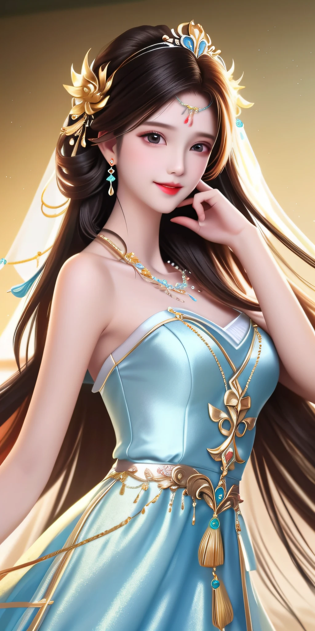 Best Quality, Masterpiece, High Resolution, 1girl, Clear Silk Porcelain Dress, Pretty Face, Hair Accessories, Look at the Audience, Smile, Close Mouth, Lips, Dress, Hair Accessories, Necklaces, Jewelry, Long Hair, Earrings, Beautiful Face, Body, Tindal Effect, Realism, Shadow Studio, Edge Lighting, Two-Color Lighting, (High Detail Skin: 1.2), 8k UHD, DSLR, Soft Light, High Quality, Volume Lighting, Photo, High Resolution 4K, 8k, Blurred Background
