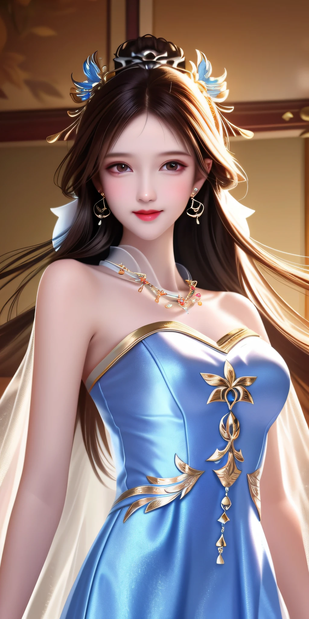 Best Quality, Masterpiece, High Resolution, 1girl, Clear Silk Porcelain Dress, Pretty Face, Hair Accessories, Look at the Audience, Smile, Close Mouth, Lips, Dress, Hair Accessories, Necklaces, Jewelry, Long Hair, Earrings, Beautiful Face, Body, Tindal Effect, Realism, Shadow Studio, Edge Lighting, Two-Color Lighting, (High Detail Skin: 1.2), 8k UHD, DSLR, Soft Light, High Quality, Volume Lighting, Photo, High Resolution 4K, 8k, Blurred Background