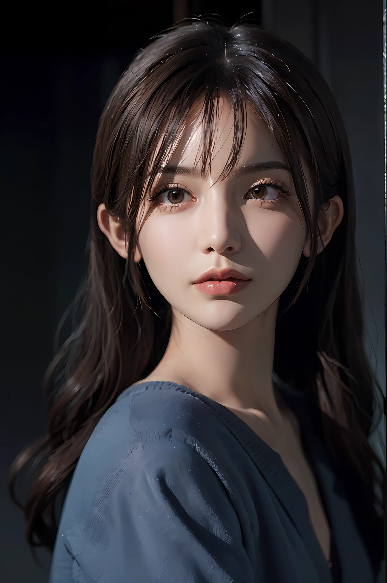 (Female Portrait), (Surrealism + Fantasy Art), (Realistic Aesthetics), "David Hockney and Alphonse Mucha" Creative Style, (Dynamic Lighting + Volume Lighting), (Unique Atmosphere + Award-Winning Fresh Meat Works), 1girl, (Understated Elegance + Officialdom: 1.4), Long Hair, Gray Hair, (Side + In the Dark: 1.6), Denim Lens, Ultra HD 4K Quality.