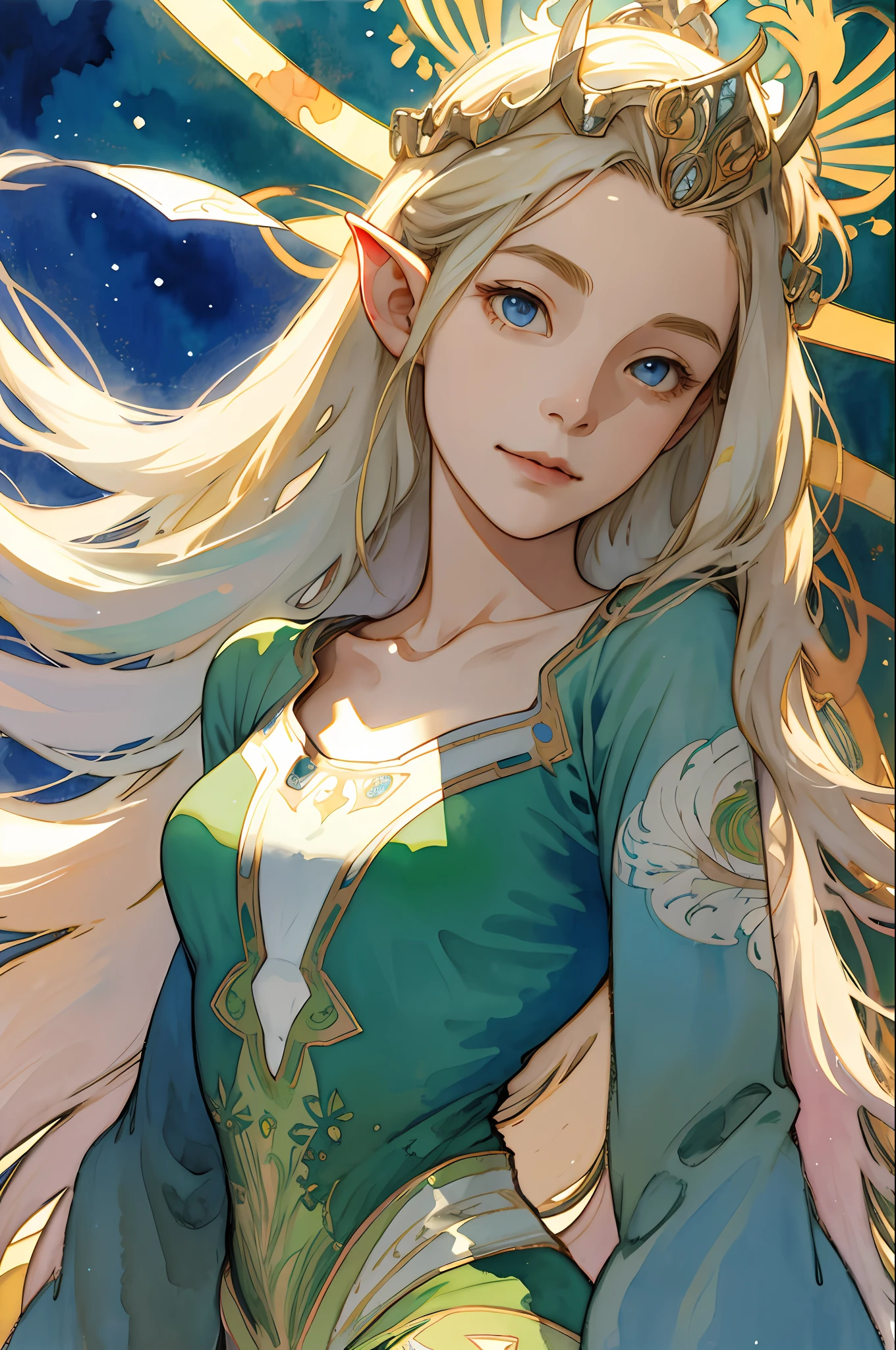 (Best Picture), (Watercolor), ((Matte)), (by Mucha), (Thick Outline), Flowing Lines, (High Resolution, Super Detail), Elf, 1 girl, , Skinny,Shin,(Flat breasts), Straight Long Hair, Beautiful golden hair, Blue eyes, Parted bangs, Hair swaying in the wind, Simple tiara, White skin, Front and upper body, Standing, Green queen dress, collarbone, geometric pattern, (flower), front, hand down, soft air, gentle smile, wind magic, symmetry