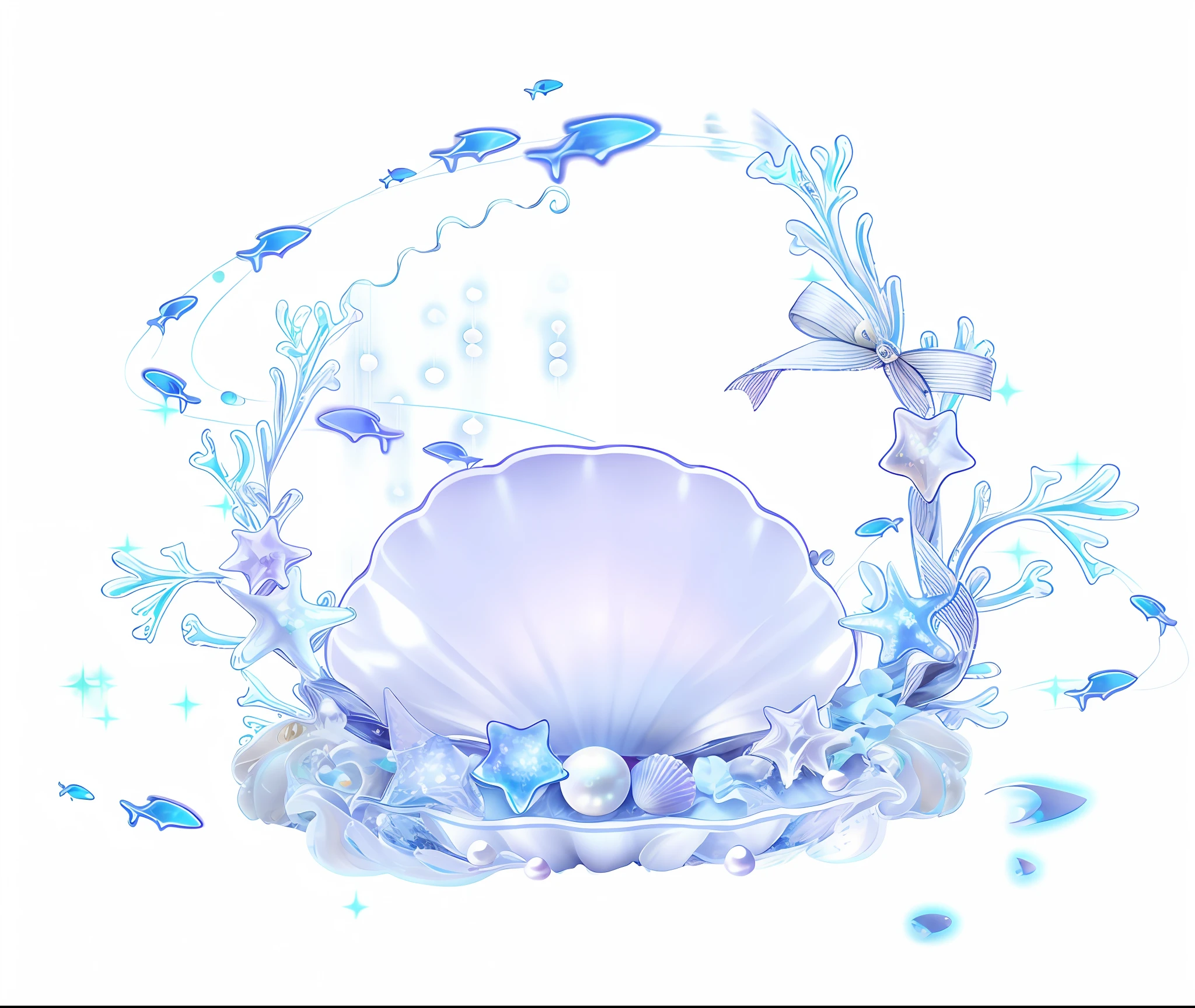 there is a shell with a pearl inside surrounded by blue flowers, sea shell, pearls and shells, seashell, [bioluminescense, [ bioluminescent colors ]!!, exquisite digital art, by Shirley Teed, seashells, digital art picture, fantasy sea landscape, water art photoshop, shells, vaporwave surreal ocean, bubbly underwater scenery