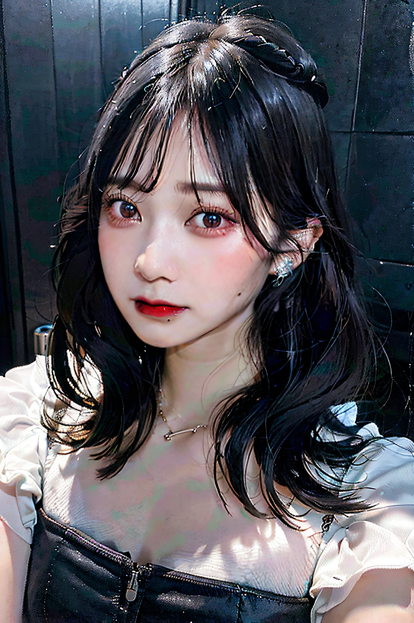 Black Hair Bob, (RAW Photo, Photorealism), (Very dark lip gloss, pitch black lipstick, so many eyelashes, pitch black eyeshadow, watery eyes, crying, angry, high quality, high resolution, depth of field, chromatic aberration, photon mapping, caustics, Japan people, women), glasses, white bra, necklace, one woman, earrings, bracelet, Soft big, good style, slender figure, the tip of the is clearly visible, the body line is very sexy, the are sticking out, the skin is very exposed, the areola is visible,