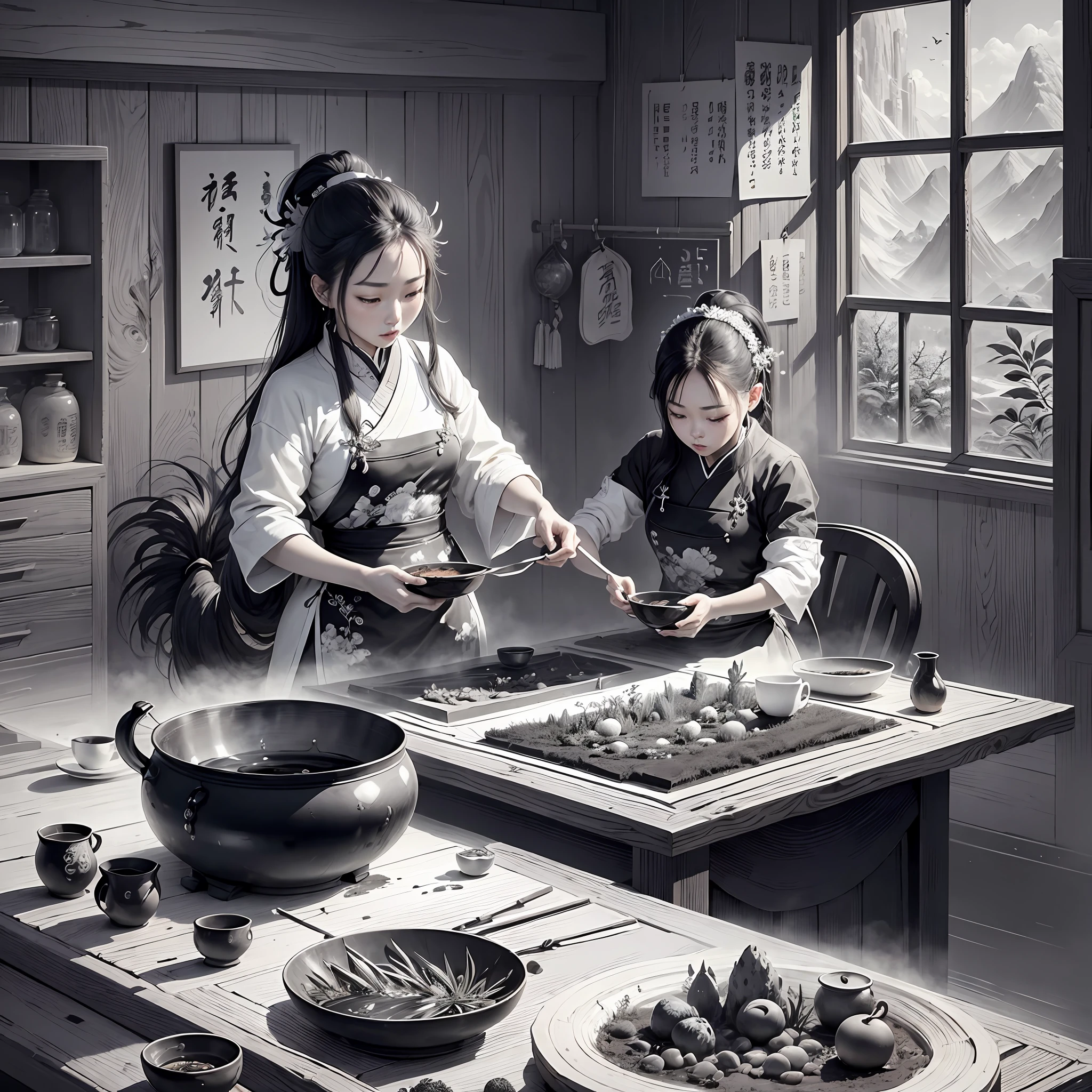(masterpiece, top quality: 1.2), traditional Chinese ink painting, idyllic landscape, concocting herbal medicine, black and white --auto --s2