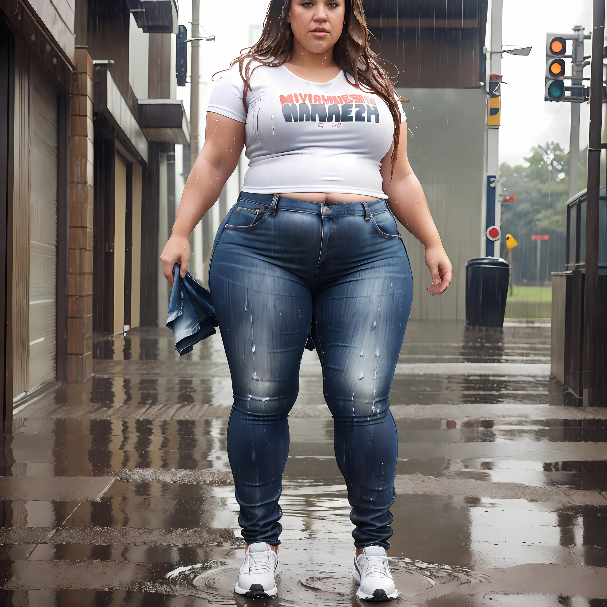 ((Overweight)) ((chubby)) Kelly Clarkson, long brown hair, wearing jeans, t-shirt and runners, subject is standing outside in the rain, looking seductive, teasing, playful, sexy pose ((wet clothes:1.1)) (((full body shot))) (((view side on))) (masterpiece) ((cinematic look)) —v 4