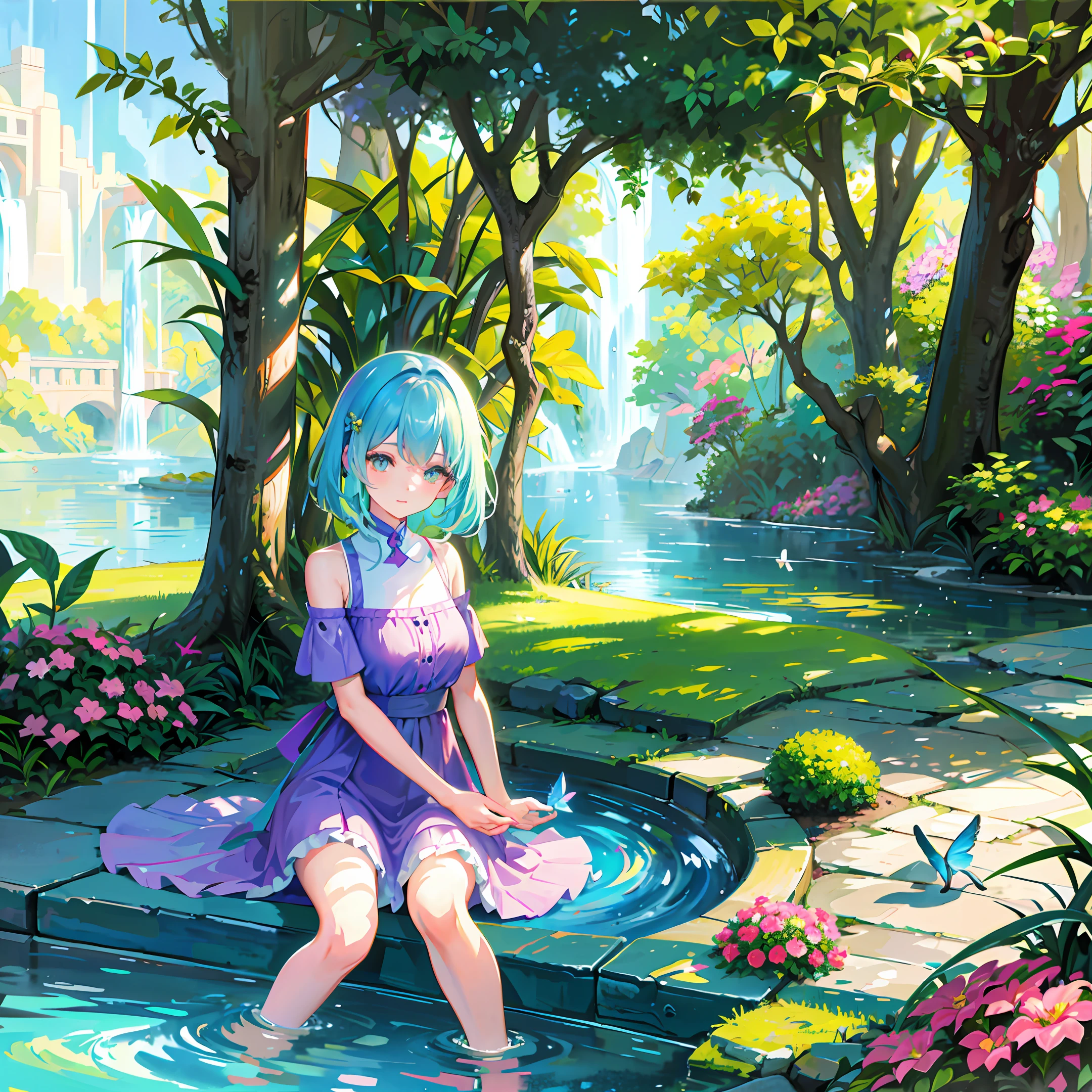 Title: "LoFi Gardens - Oasis of Serenity"

Keywords:

LoFi girl
Peaceful gardens
Verdant scenery
Colorful flowers
Well-maintained flowerbeds
Wooden benches
Stone paths
Serene water fountain
Birds singing
Dancing butterflies
Leafy trees
Outdoor books
Watercolor paintings
Comfortable pillows
Picnic towel
Basket with fruits
Soft lighting
Moments of meditation
Natural inspiration
Full relaxation
4k anime
Girl sitting