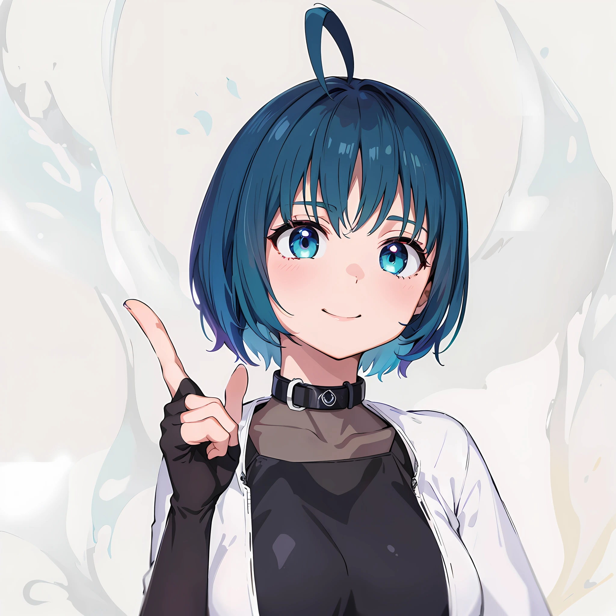 ((masterpiece, best quality)), ((ultra quality)), very detailed, simple eyes, anime style, looking_at_viewer, anime girl with blumine and dark aqua gradient hair and ahoge, live2d virtual youtuber model, short blumine and dark aqua gradient haired woman, blumine and dark aqua gradient colored hair, with index finger, 2d anime style, stylized anime, short hair, anime style, 8k, anime stylized, bangs, anime in scenery, white mode background, dark blumine colored eyes, black arm sleeves, white coat, black inner sweeter, smirk smile