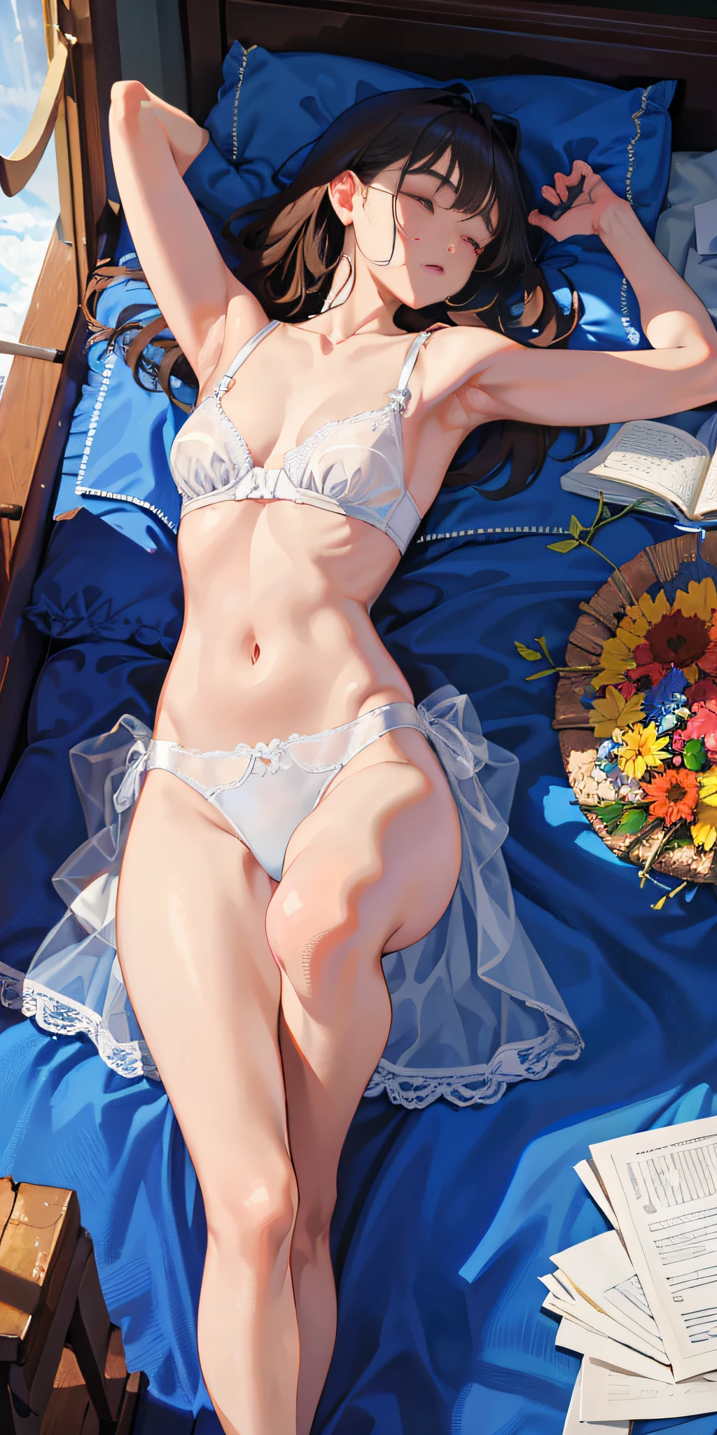 masterpiece, Top Quality, High Definition, Solo, Small, Indoors, See-through, (Out of alignment bra), Side tie T-back, Lying down, From above, Arms outstretched, Footstanding, Sleeping face, Bed, (disheveled undergarment), Rough breath, Sexual expressions, Undressed,