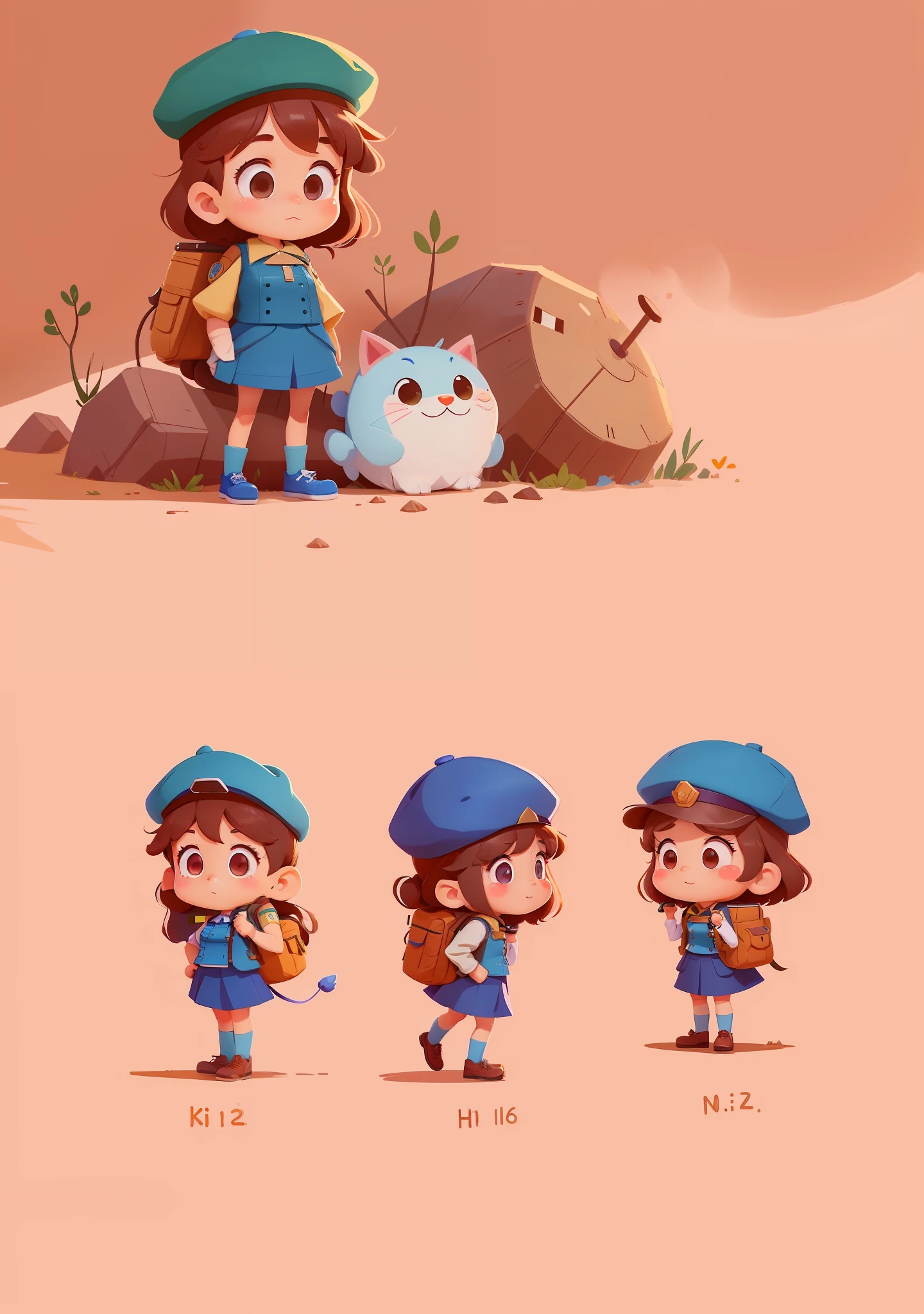 a close up of a cartoon character with a hat and uniform, female explorer mini cute girl, high quality character design, animation character, full body character, full body character design, character is standing, professional character design, game character design, full body single character, 2d illustration, 2 d illustration, cute character, female protagonist 👀 :8, blue uniform