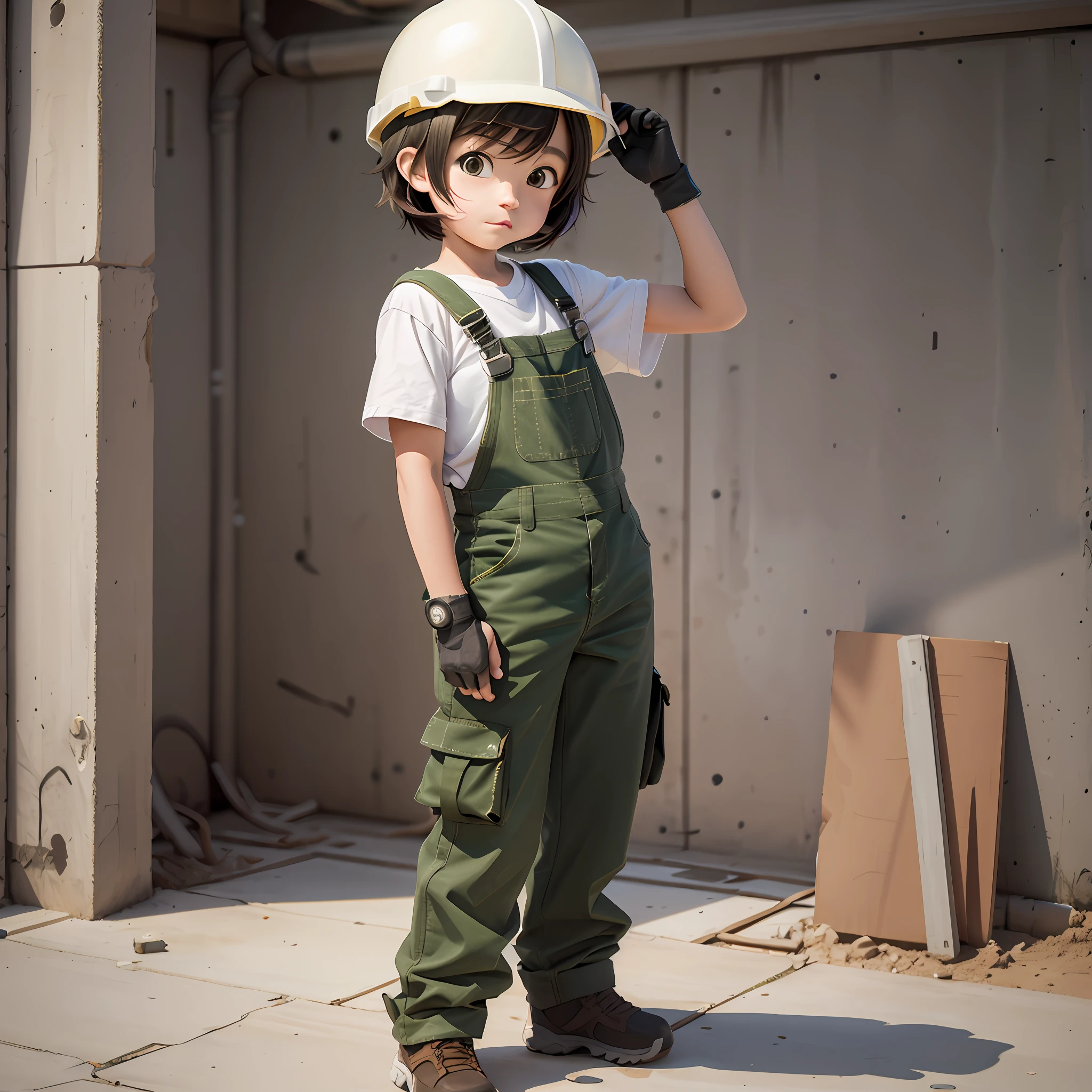 There is a little boy wearing a helmet and overalls, blowing, anime girl cosplay, anime cosplay, full cosplay, Chihiro! Fujisaki, anime style 3d, anime characters, anime girl futurism, realistic anime 3 d style, anime girl in real life, professional cosplay, hiro, cosplay photo full body
