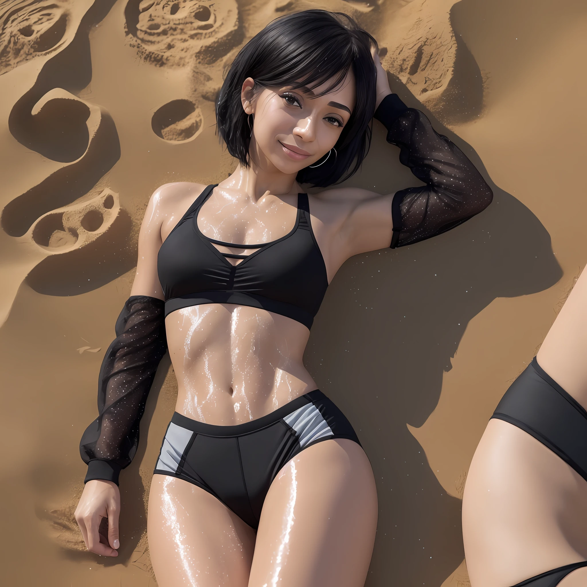 ((Tamara Taylor)), (solo), (a detailed full-body RAW photo of a girl), (masterpiece: 1), (best quality: 1.4), (ultra high resolution: 1.2), (photorealistic: 1.4), 8k resolution, Canon EOS R5, 50mm, absurd, ultra detailed, sharp focus, cinematic lighting, detailed beautiful face, (makeup: 1.2), (ulzzang-6500-v1.1), detailed skin texture, pale skin, round chest, (slim and fit body: 1.3), thigh gap, (black short straight hair:1.5), smiling,  (black small sports bra, tight sports shorts:1.4), realistic glittering skin, (cameltoe:1.5), (sweat:1.5), slim waist, seductive smile, (small round butt), solo, on the beach --auto --s2