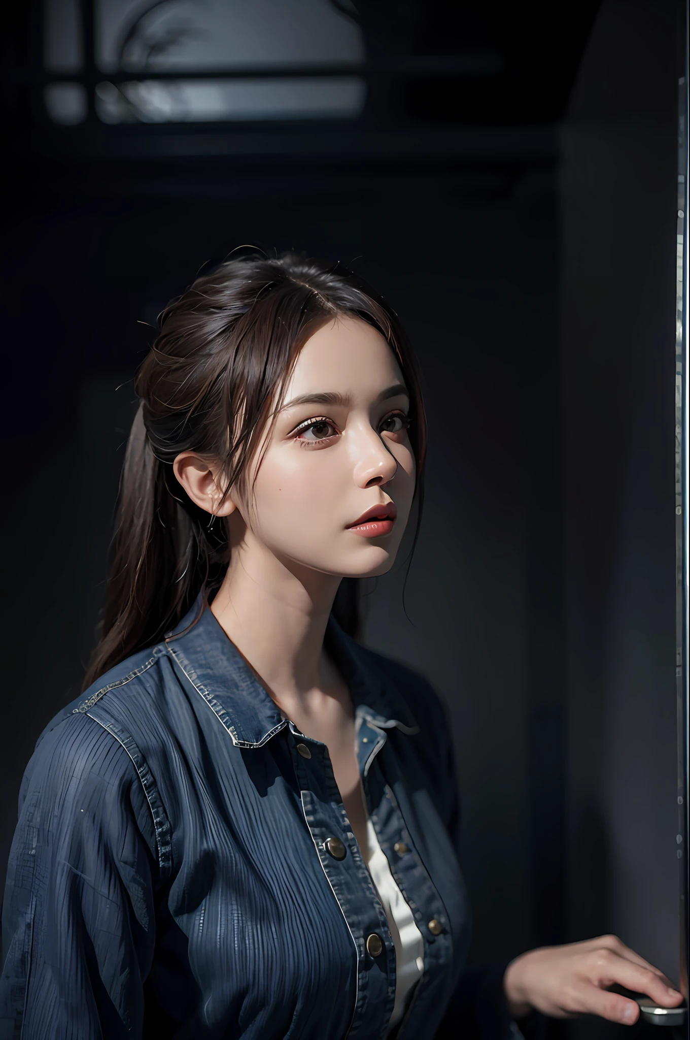 (Female Portrait), (Surrealism + Fantasy Art), (Realistic Aesthetics), "David Hockney and Alphonse Mucha" Creative Style, (Dynamic Lighting + Volume Lighting), (Unique Atmosphere + Award-Winning Fresh Meat Works), 1girl, (Understated Elegance + Officialdom: 1.4), Long Hair, Gray Hair, (Side + In the Dark: 1.6), Denim Lens, Ultra HD 4K Quality.