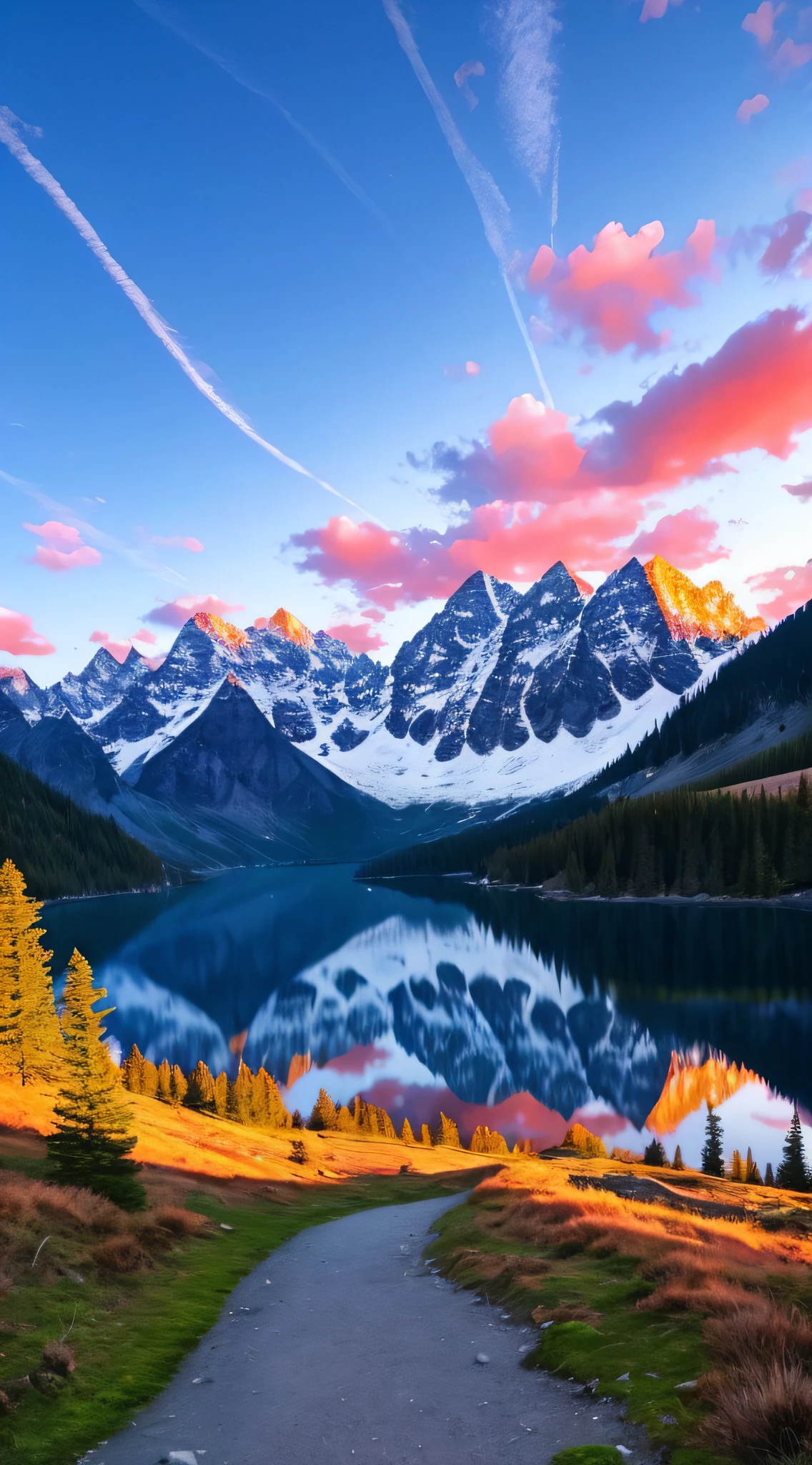 Early morning mountain path, amazing sky, fantastic atmosphere 8K, colorful clouds, colors reflected on the lake, surreal sky, beautiful sky, beautiful and spectacular morning, beautiful dream landscape, amazing sky