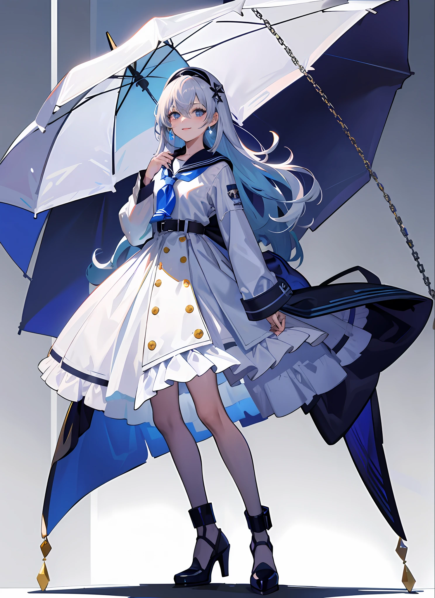 (masterpiece, top quality), 1 female, adult,, late twenties, solo, full body, white background, flat background, standing, detail uniform, white skirt, sailor color, sailor suit, gray hair, blue hair, long hair, transparent, smile, crystal, diamond, military uniform design, chain, belt, metal accessory, fashion fashion, light skirt, garter belt,  Editorial Fashion, Synthwave, Organdy, Serafk Dress, Stand Straight, Character Design, Still