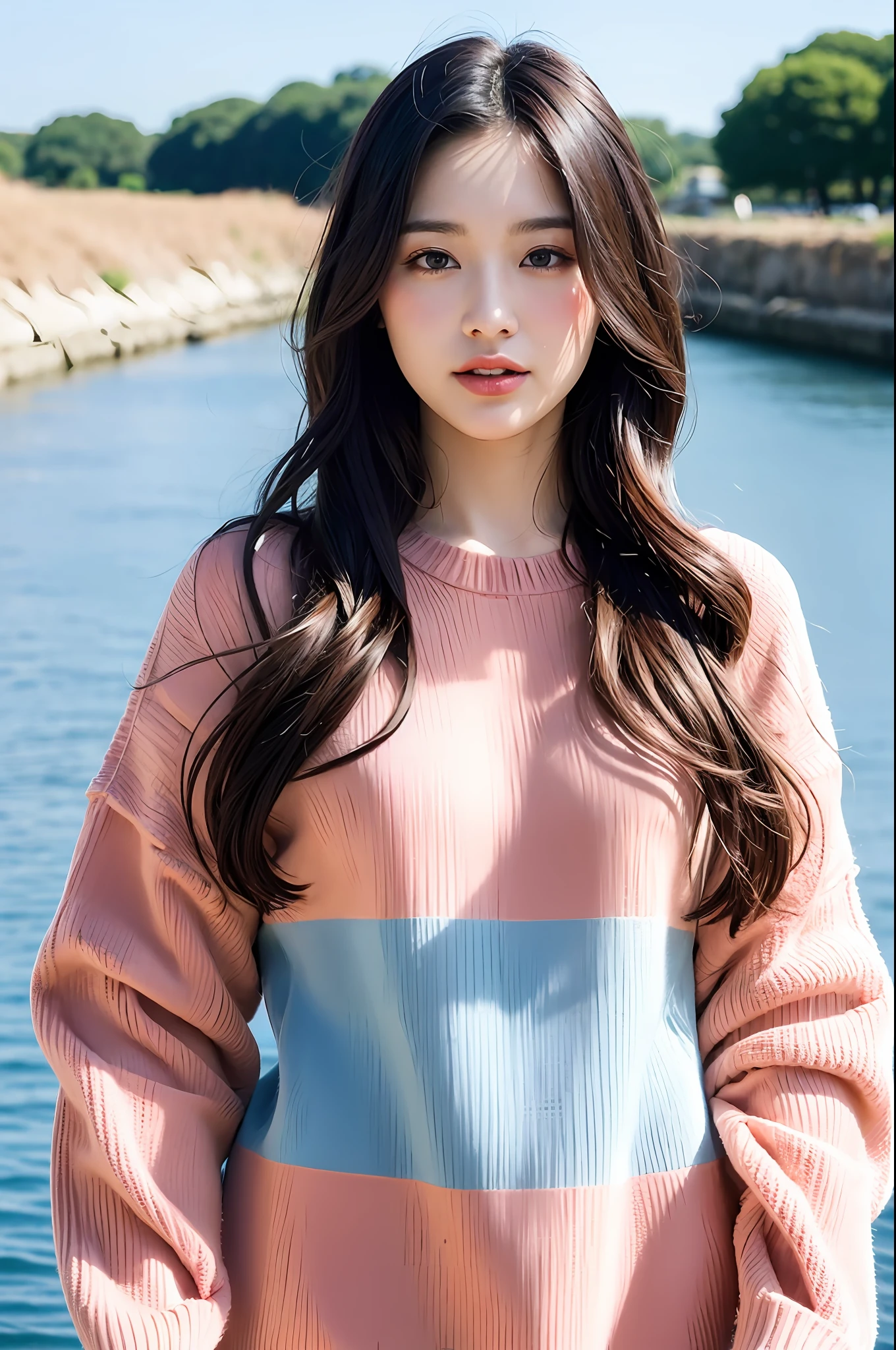 1girl walking on the river, mix4, sweater, pillow, lips, open_mouth, realistic, photo_\(medium\), solo, stuffed_animal, stuffed_toy, teddy_bear,(masterpiece),(photorealistic:1.3), ultra-detailed, (high detailed skin:1.2),(best quality:1.0), (ultra highres:1.0), (ulzzang-6500:0.3), wavy detailed hair, long hair, sunshine, (beautiful detailed makeup), (sexually aroused blushing heavy breathing:1.0), floral theme flower petals scattered, (soft glow bloom:0.5)