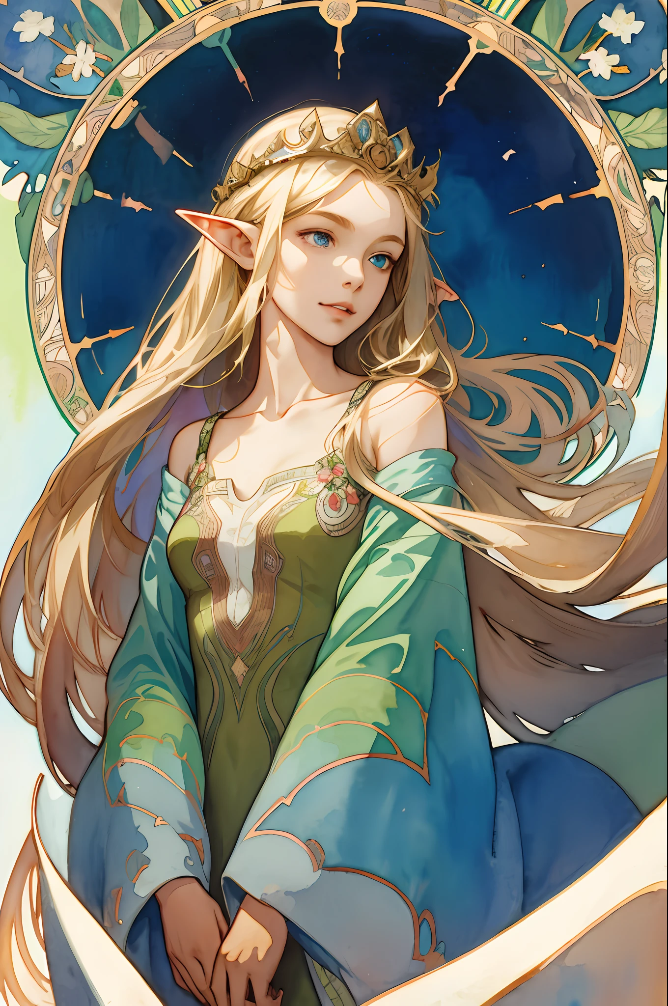 (Best Picture), (Watercolor), ((Matte)), (by Mucha), (Thick Outline), Flowing Lines, (High Resolution, Super Detail), Elf, 1 girl, 14 years old, Skinny,Shin,(Flat breasts), Straight Long Hair, Beautiful golden hair, Blue eyes, Parted bangs, Hair swaying in the wind, Simple tiara, White skin, Front and upper body, Standing, Green queen dress, collarbone, geometric pattern, (flower), front, hand down, soft air, gentle smile, wind magic, symmetry