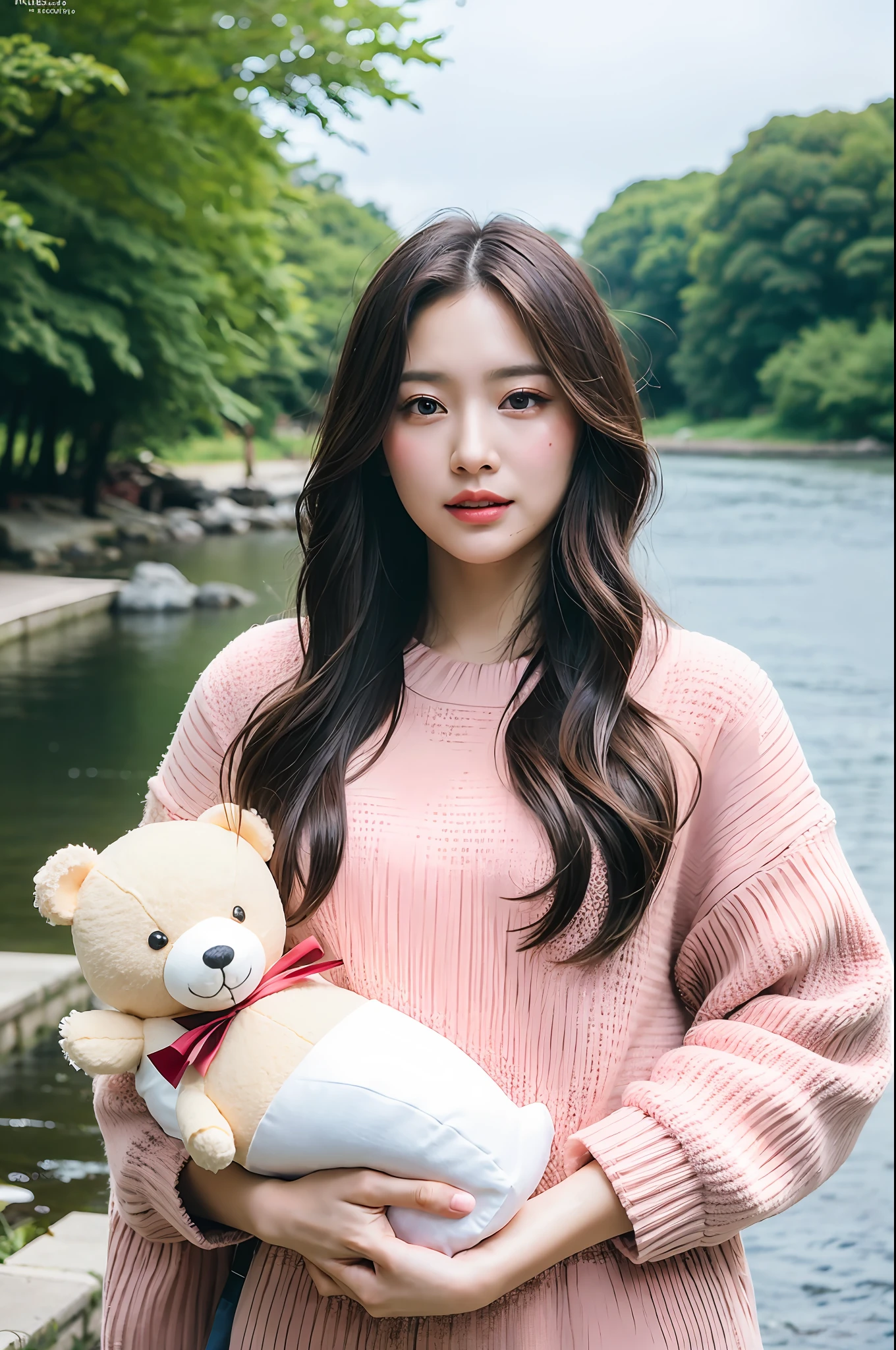 1girl walking on the river, mix4, sweater, pillow, lips, open_mouth, realistic, photo_\(medium\), solo, stuffed_animal, stuffed_toy, teddy_bear,(masterpiece),(photorealistic:1.3), ultra-detailed, (high detailed skin:1.2),(best quality:1.0), (ultra highres:1.0), (ulzzang-6500:0.3), wavy detailed hair, long hair, sunshine, (beautiful detailed makeup), (sexually aroused blushing heavy breathing:1.0), floral theme flower petals scattered, (soft glow bloom:0.5)