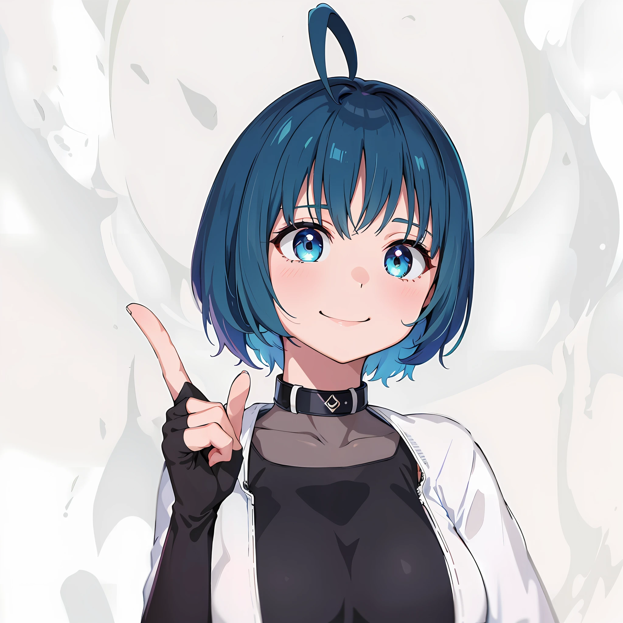 ((masterpiece, best quality)), ((ultra quality)), very detailed, simple eyes, anime style, looking_at_viewer, anime girl with blumine and dark aqua gradient hair and ahoge, live2d virtual youtuber model, short blumine and dark aqua gradient haired woman, blumine and dark aqua gradient colored hair, with index finger, 2d anime style, stylized anime, short hair, anime style, 8k, anime stylized, bangs, anime in scenery, white mode background, dark blumine colored eyes, black arm sleeves, white coat, black inner sweeter, smirk smile