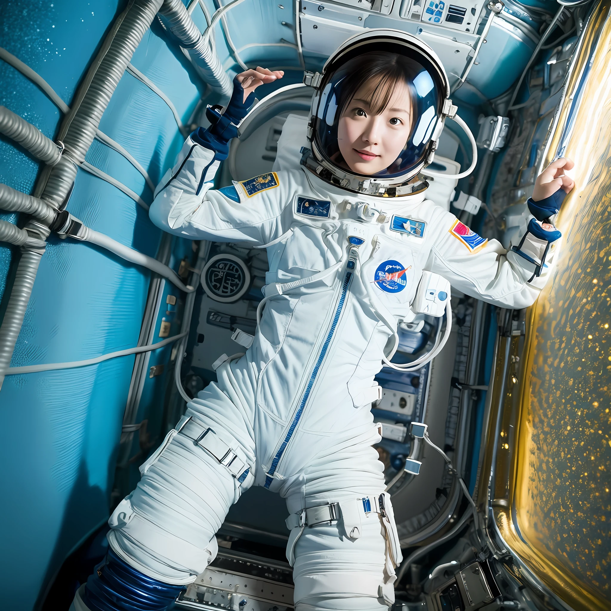 (NSFW not safe for work), Real 16k, High Definition, Live Action, (One Adult Woman), Astronaut, Spacewalk, Blue Earth Background