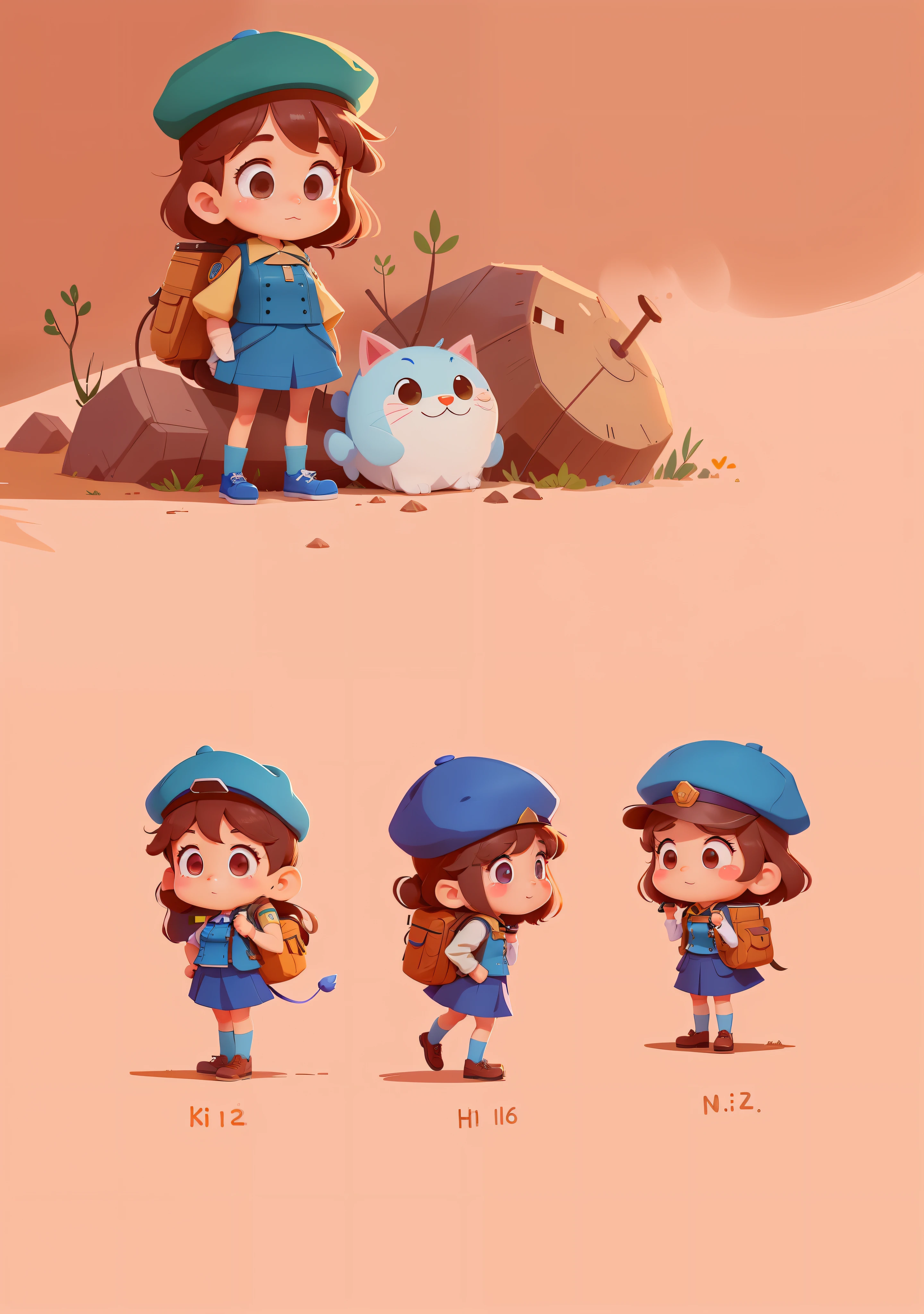 a close up of a cartoon character with a hat and uniform, female explorer mini cute girl, high quality character design, animation character, full body character, full body character design, character is standing, professional character design, game character design, full body single character, 2d illustration, 2 d illustration, cute character, female protagonist 👀 :8, blue uniform