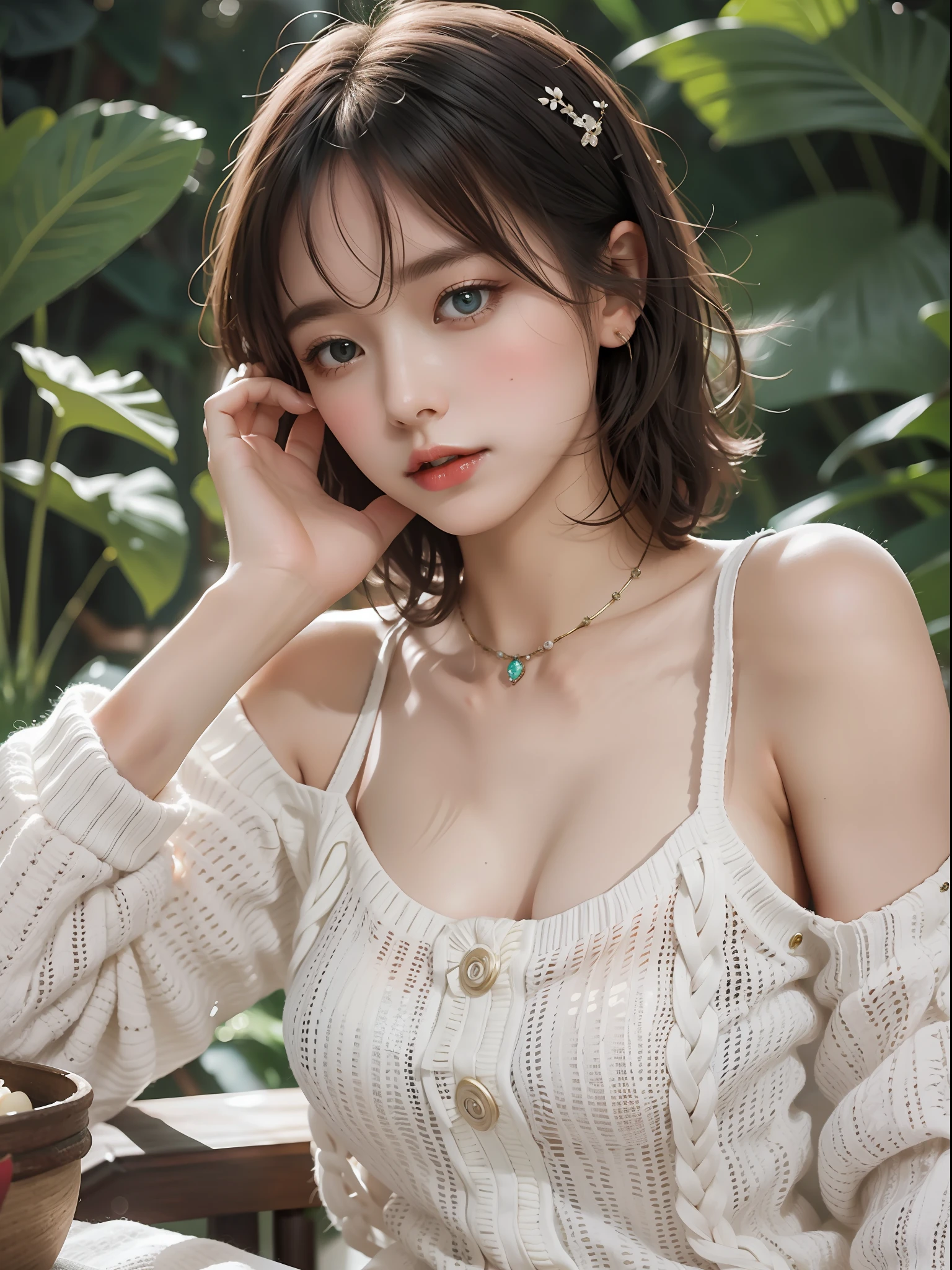 Fantasy. a girl, sitting, bare shoulders, detailed (((loose))) white sweater. large breasts, half body portrait, ((looking at away)), stunningly beautiful, mint bob hair, blush, humble, table, home, hands. highly detailed. Cinematic lighting, (nsfw:1.27)